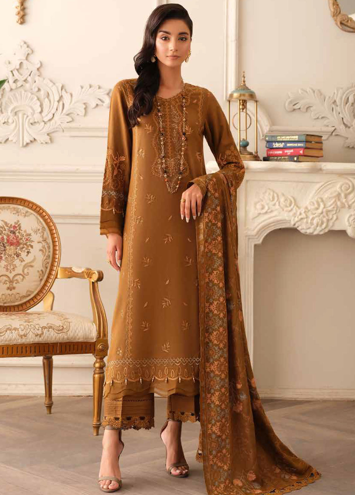 Tehzeeb By Riaz Arts Embroidered Leather Peach Suit Unstitched 3 Piece RA24W TL-277 - Winter Collection