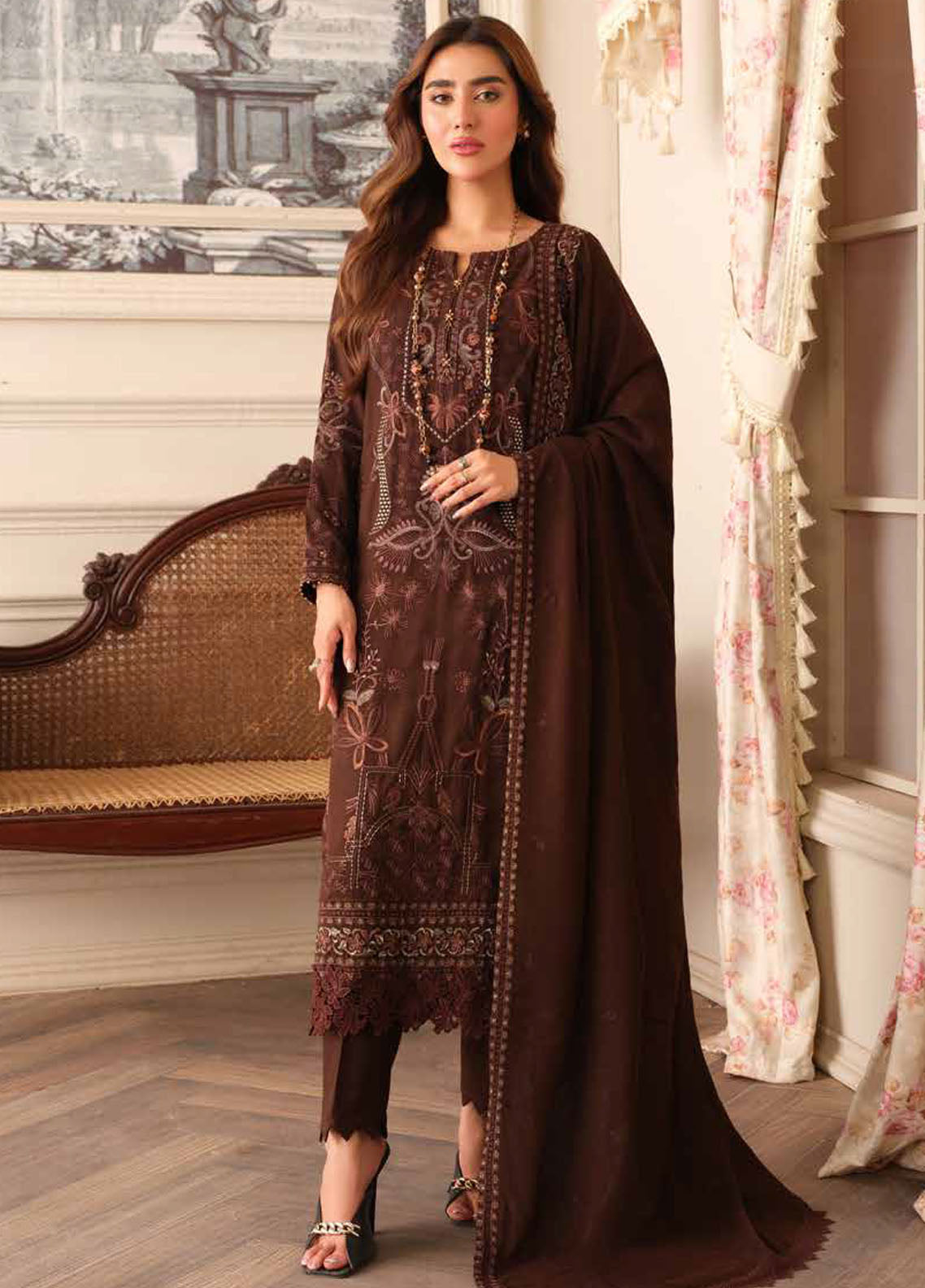 Tehzeeb By Riaz Arts Embroidered Leather Peach Suit Unstitched 3 Piece RA24W TL-281 - Winter Collection