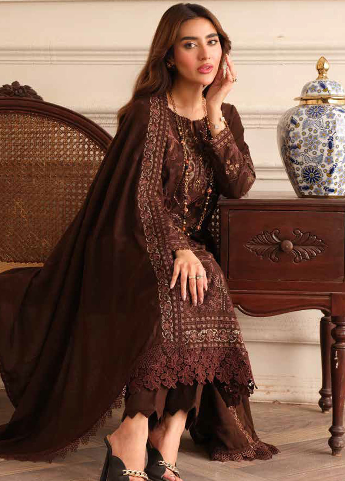 Tehzeeb By Riaz Arts Embroidered Leather Peach Suit Unstitched 3 Piece RA24W TL-281 - Winter Collection