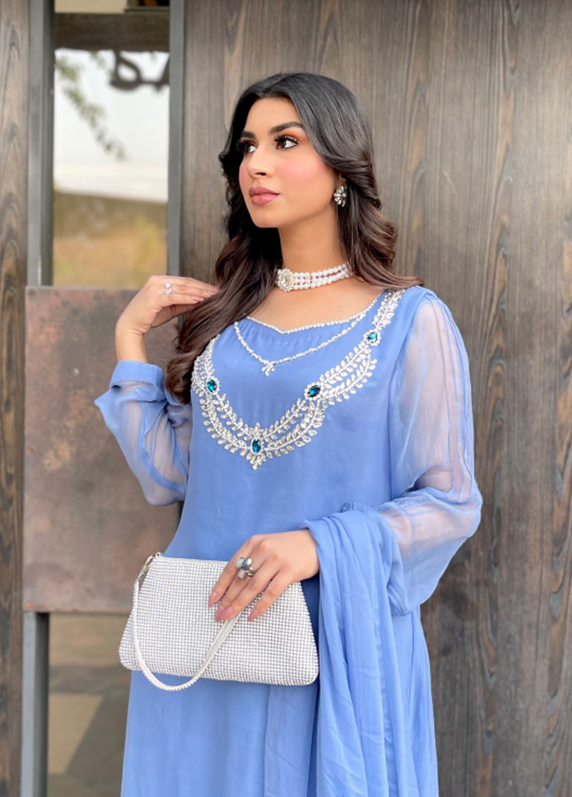 Manaal Arfeen Pret Eastern Chiffon 3 Piece Suit MNL23T Blue Crystal