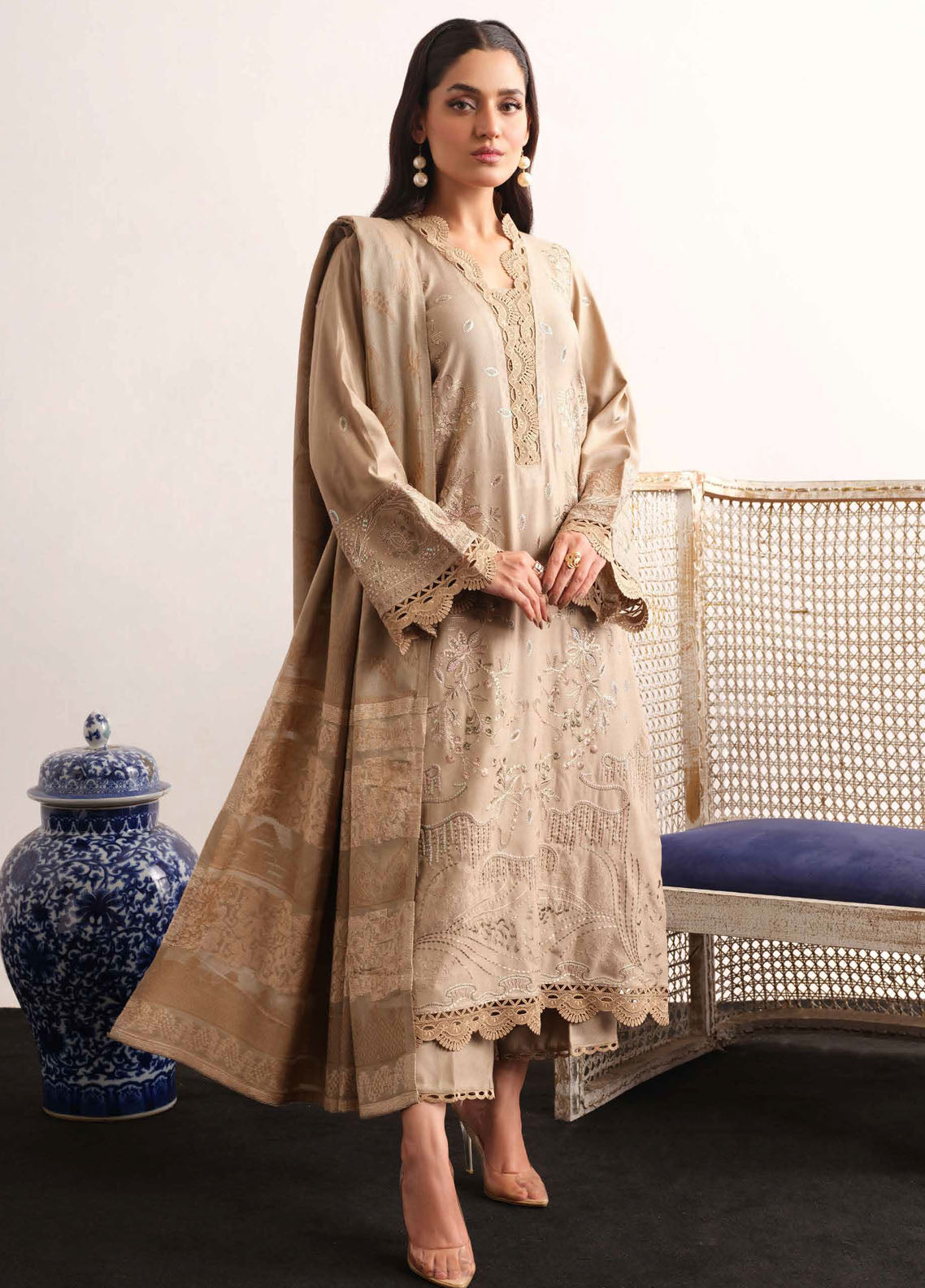 Tehzeeb By Riaz Arts Embroidered Leather Peach Suit Unstitched 3 Piece RA24UP TL-318 - Winter Collection