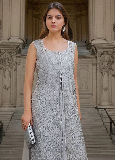 Thread and Motifs Pret Embroidered Net 3 piece Suit 9542-Grey