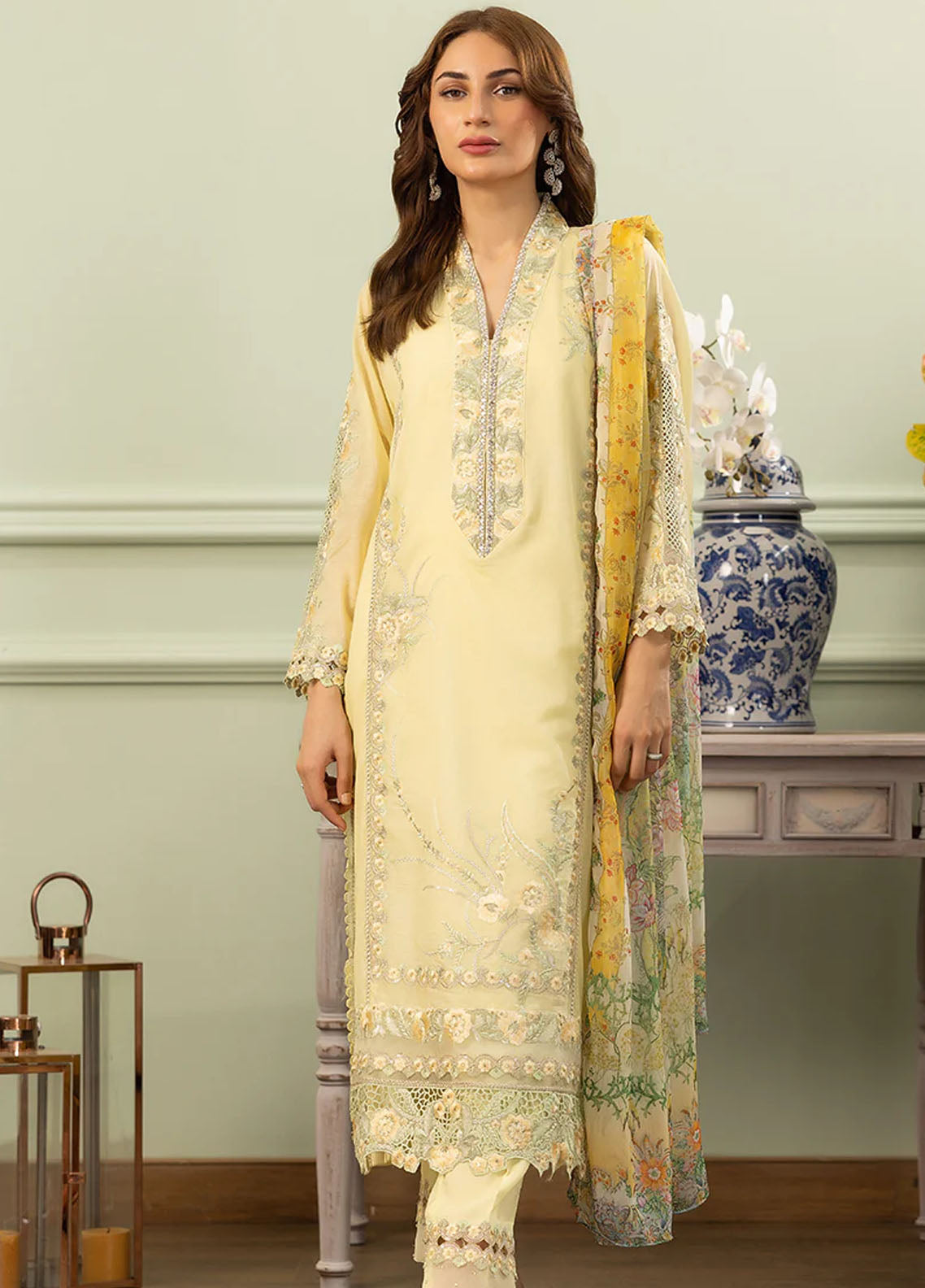 Threads And Motifs Pret Embroidered Chanderi 3 Piece Suit 8813