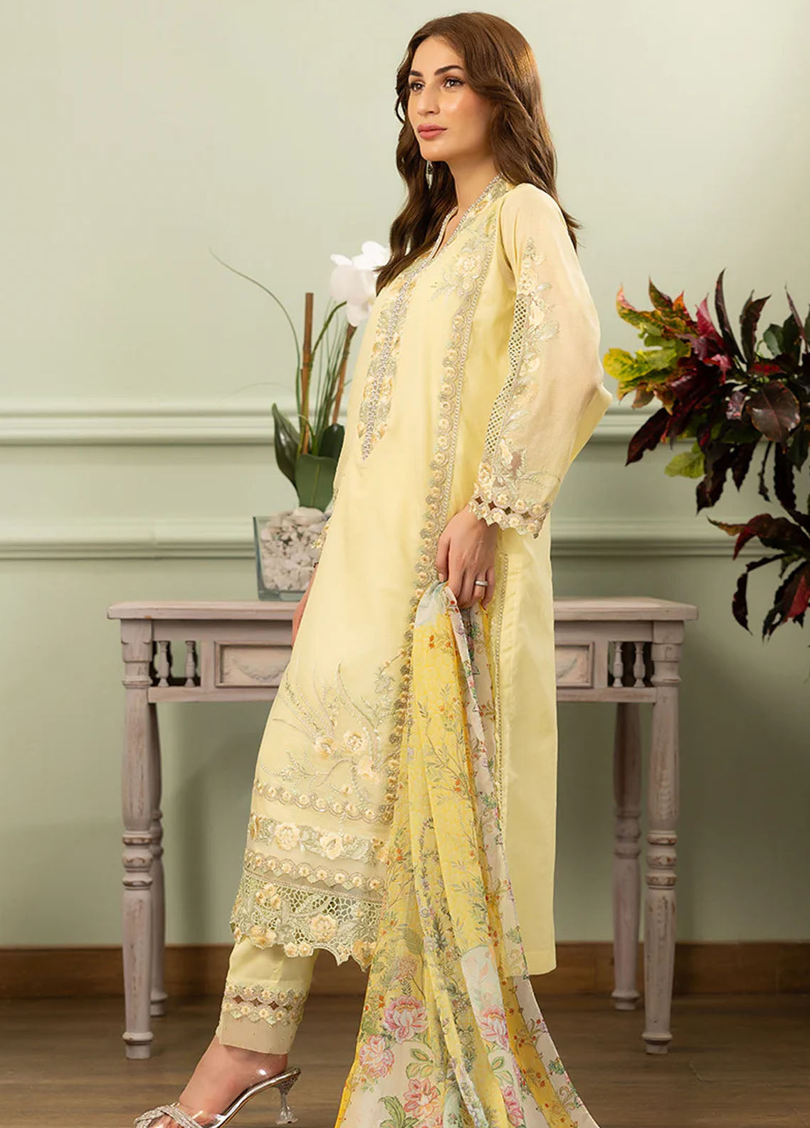 Threads And Motifs Pret Embroidered Chanderi 3 Piece Suit 8813