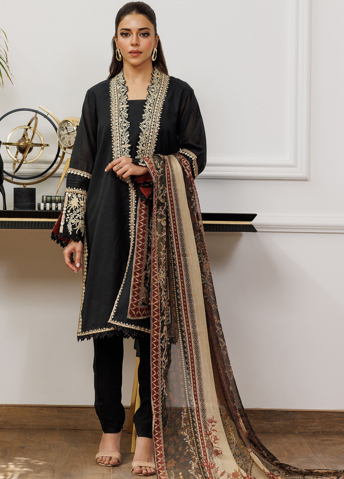 Threads And Motifs Pret Embroidered Chanderi 3 Piece Suit 8897