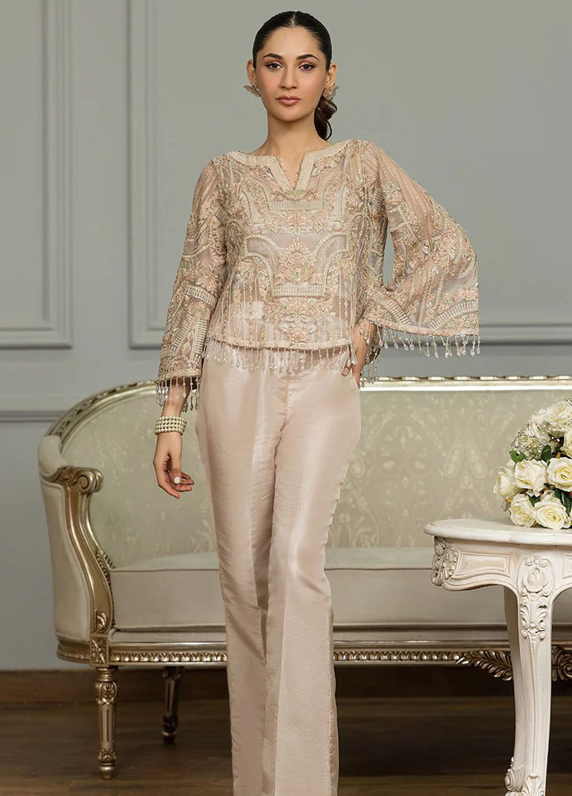 Threads And Motifs Pret Embroidered Net Shirt 8707