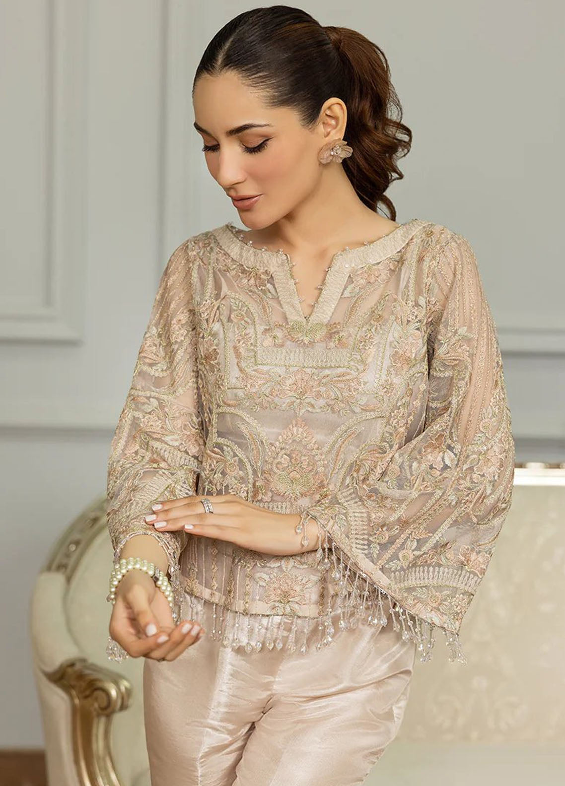 Threads And Motifs Pret Embroidered Net Shirt 8707