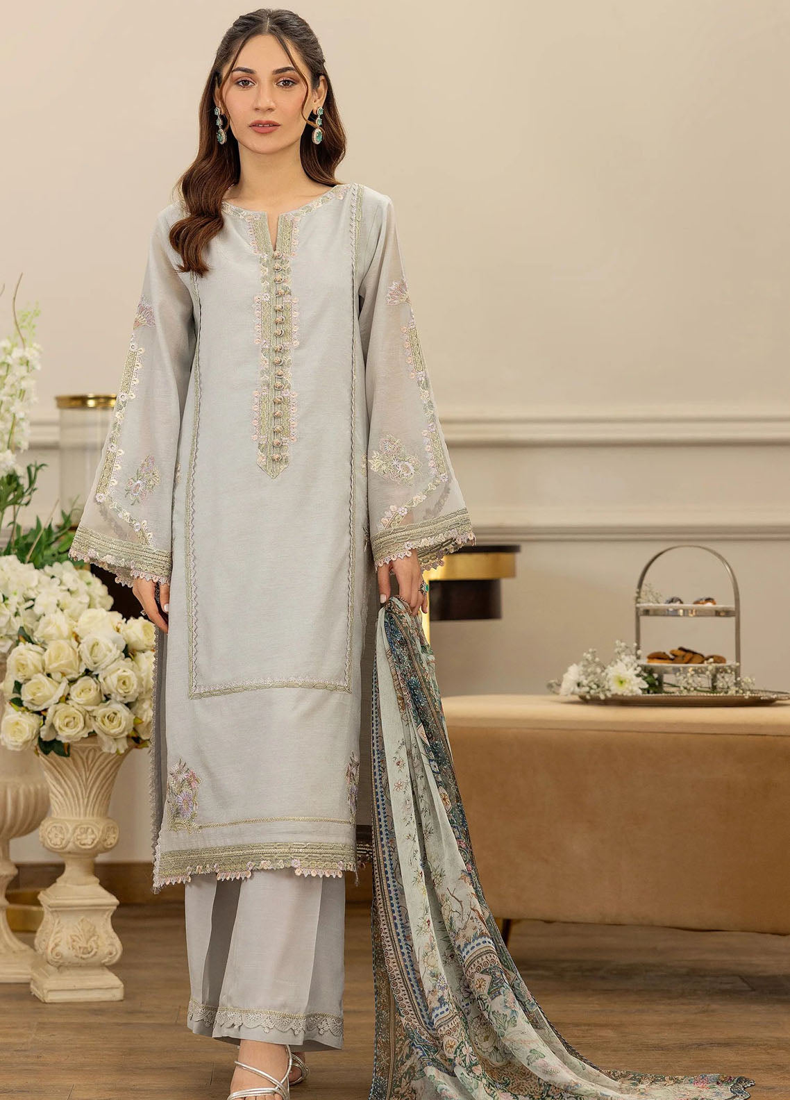 Threads And Motifs Pret Embroidered Chander SIlk 3 Piece Suit 8717