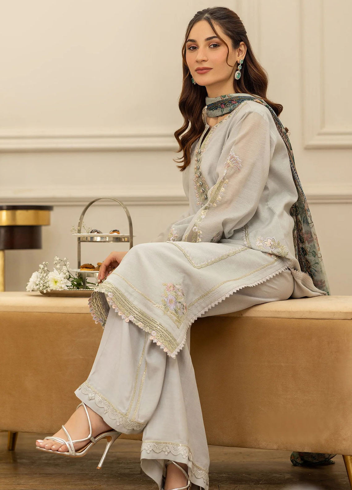 Threads And Motifs Pret Embroidered Chander SIlk 3 Piece Suit 8717