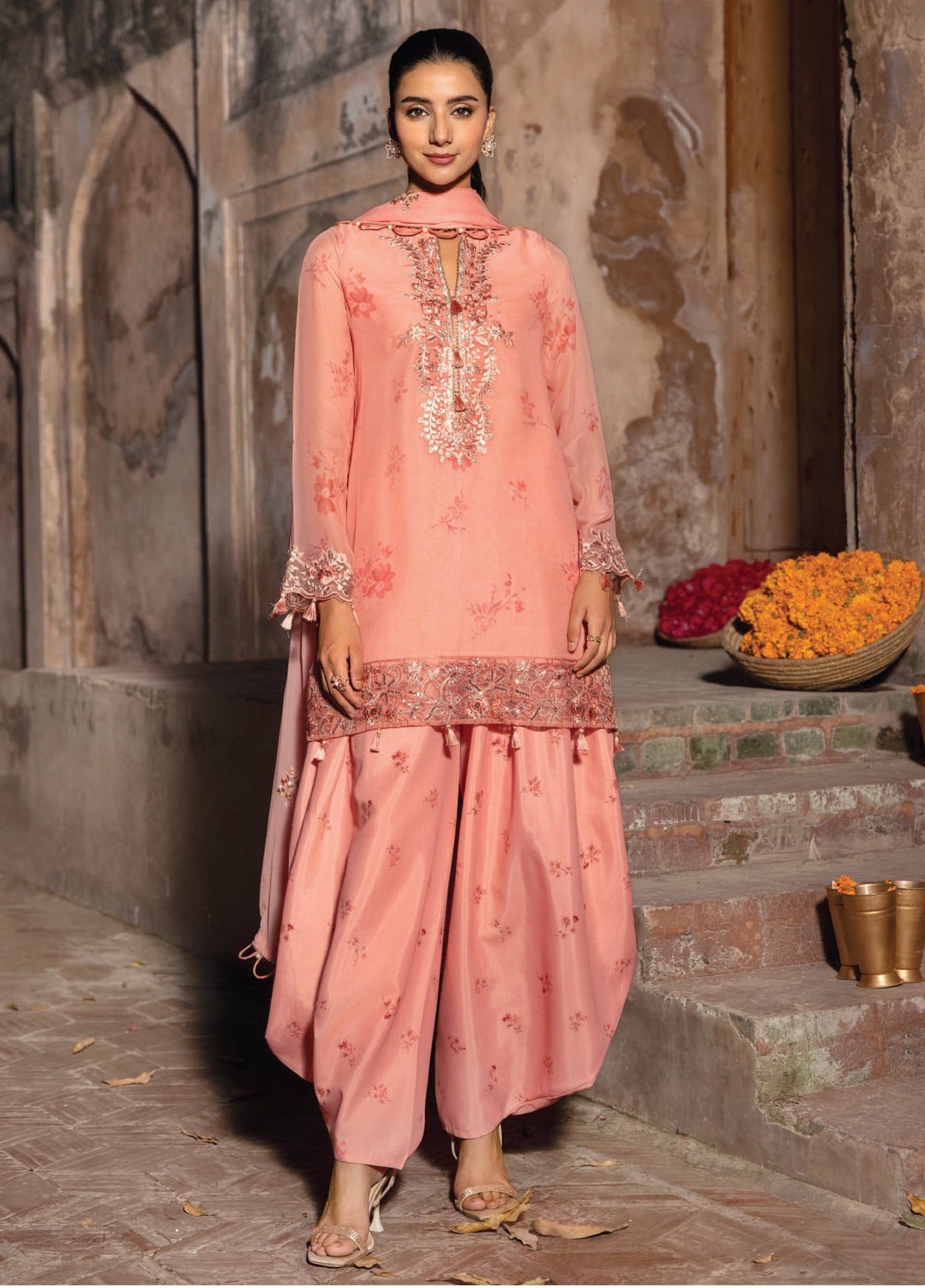 M basics by Maria B Unstitched Organza Embroidered Suits 3 Piece MB25WF D-807 Coral - Winter Collection