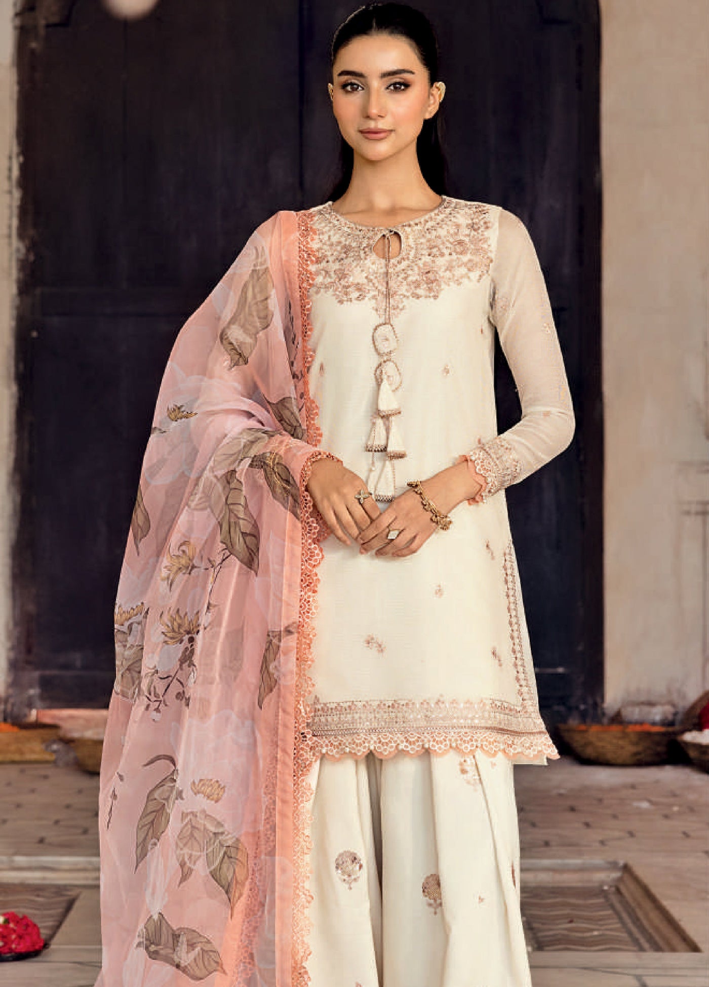 M basics by Maria B Unstitched Silk Embroidered Suits 3 Piece MB25WF D-805 Off White - Winter Collection