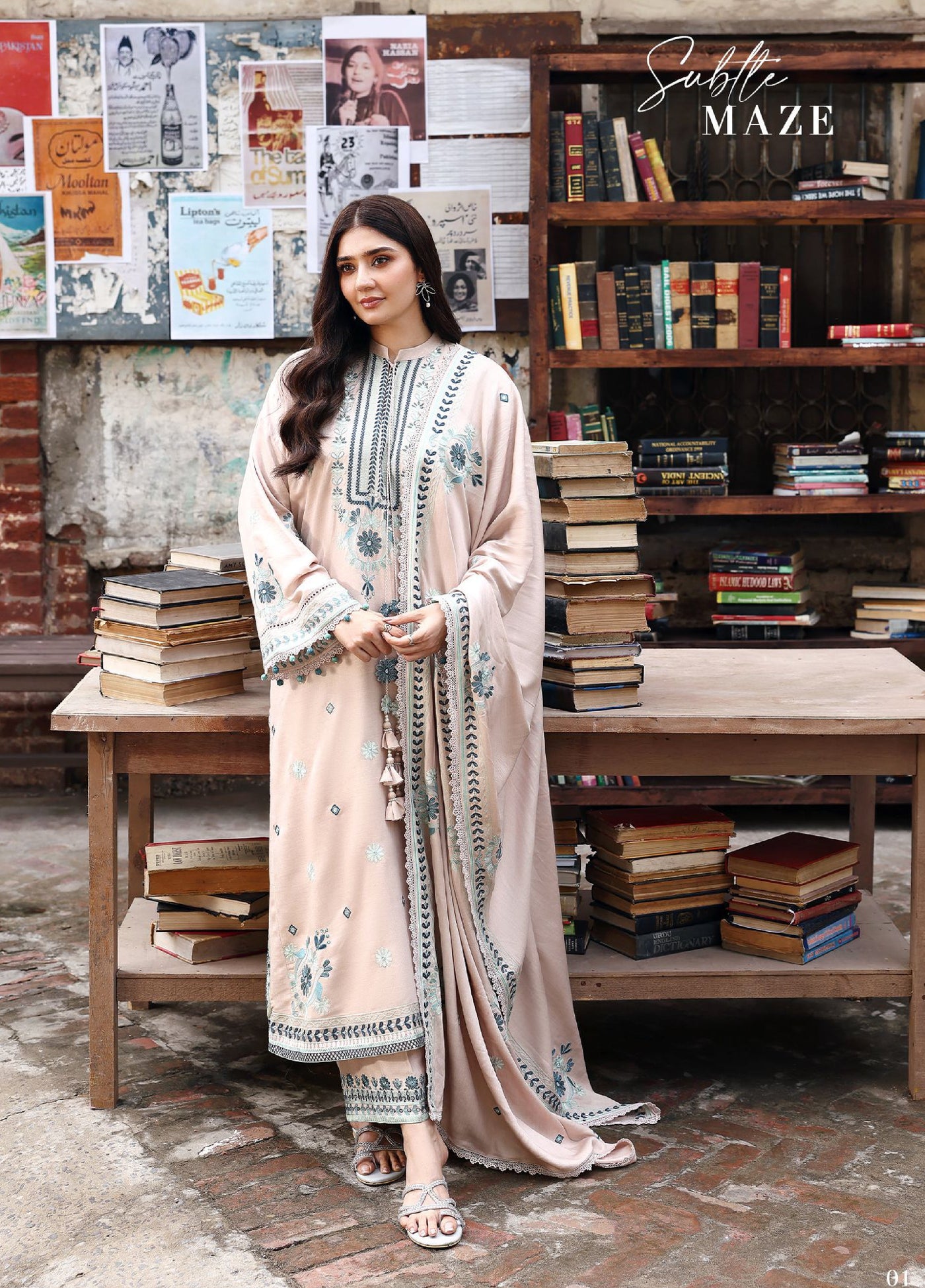 Cross Stitch Unstitched RTS Marina Embroidered Suits 3 Piece CS25MW D-06 Subtle Maze - Winter Collection