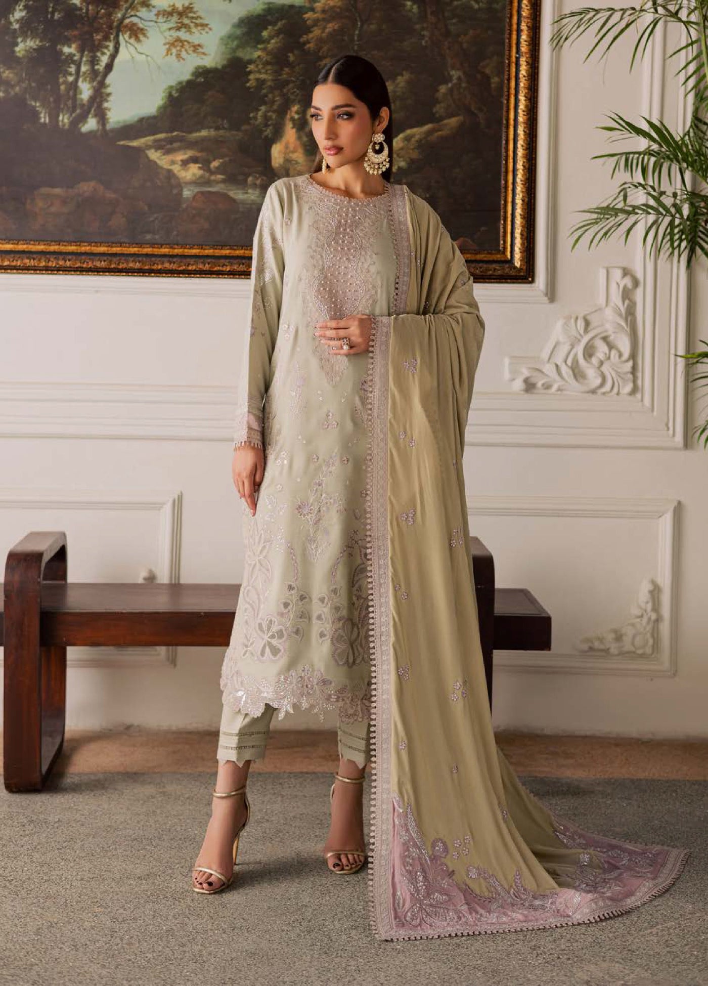 Nureh Exclusive Unstitched Luxury Leather Peach Velvet Shawl Embroidered Suits 3 Piece NU25NS NE-203 - Festive Collection