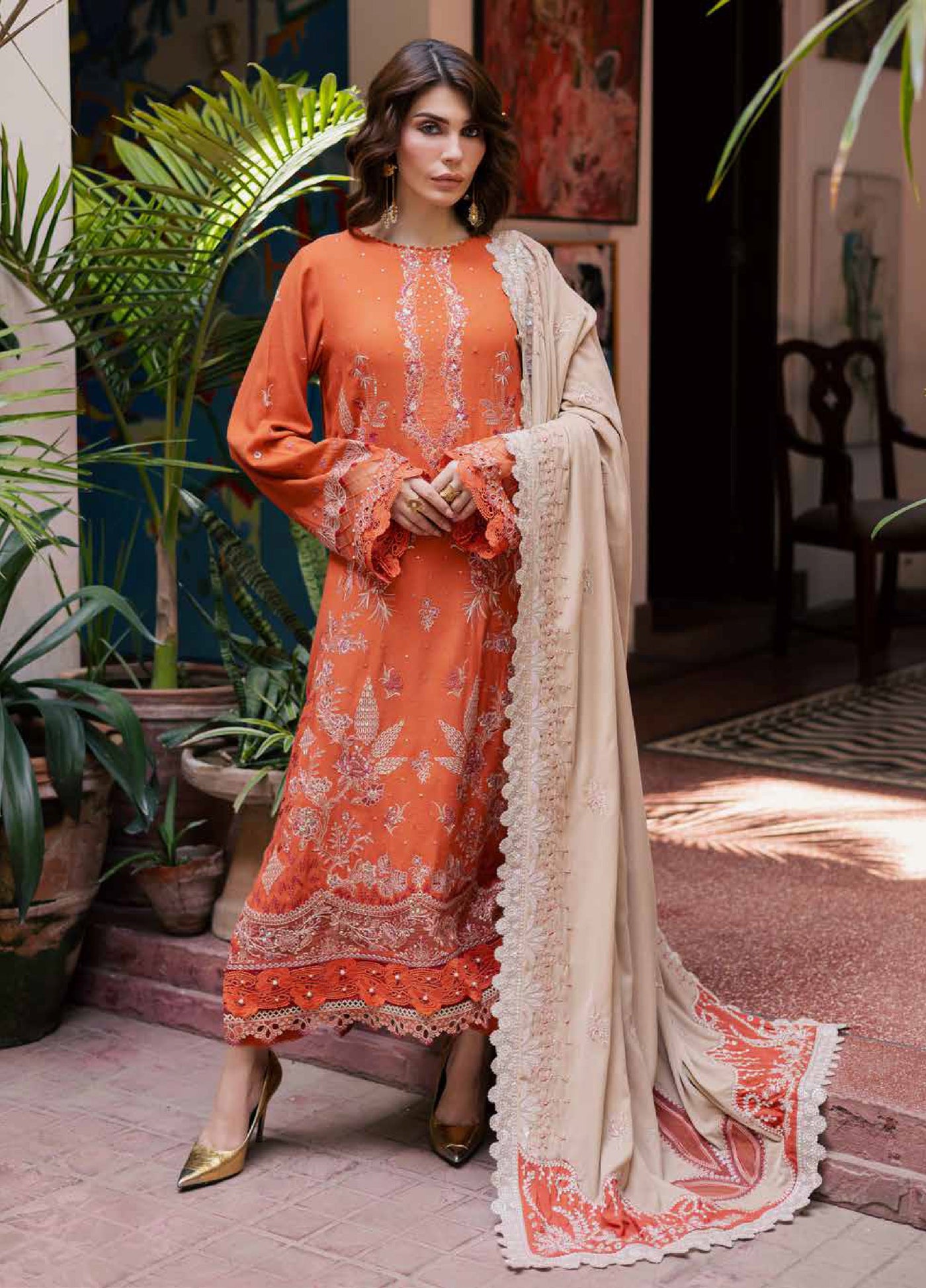 Nureh Exclusive Unstitched Luxury Leather Peach Embroidered Suits 3 Piece NU25LV NE-184 - Festive Collection