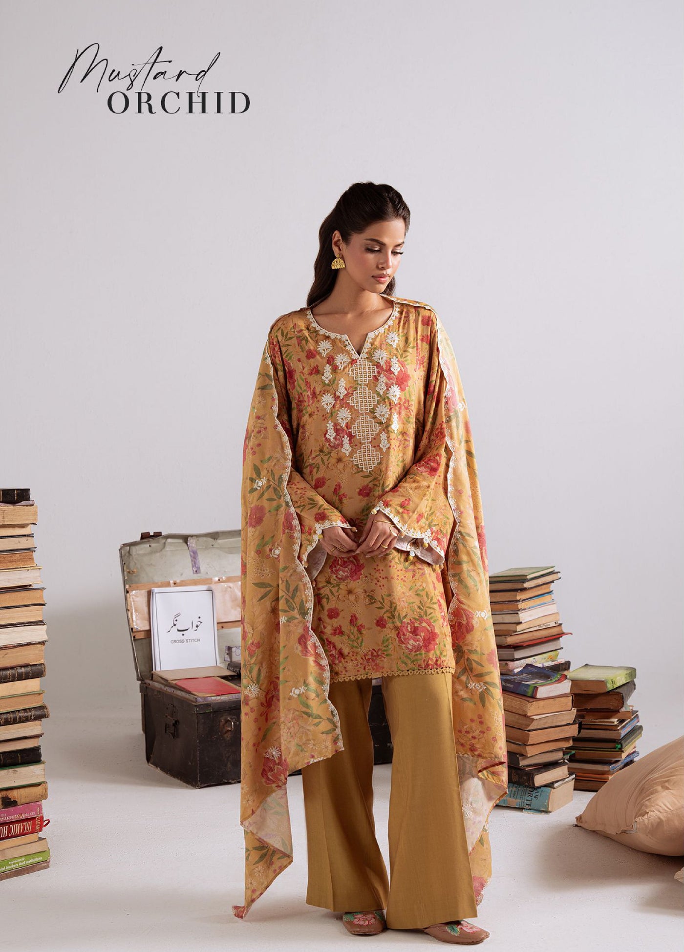 Cross Stitch Unstitched RTS Linen Embroidered Suits 3 Piece CS25LW D-07 Mustard Orchid - Winter Collection
