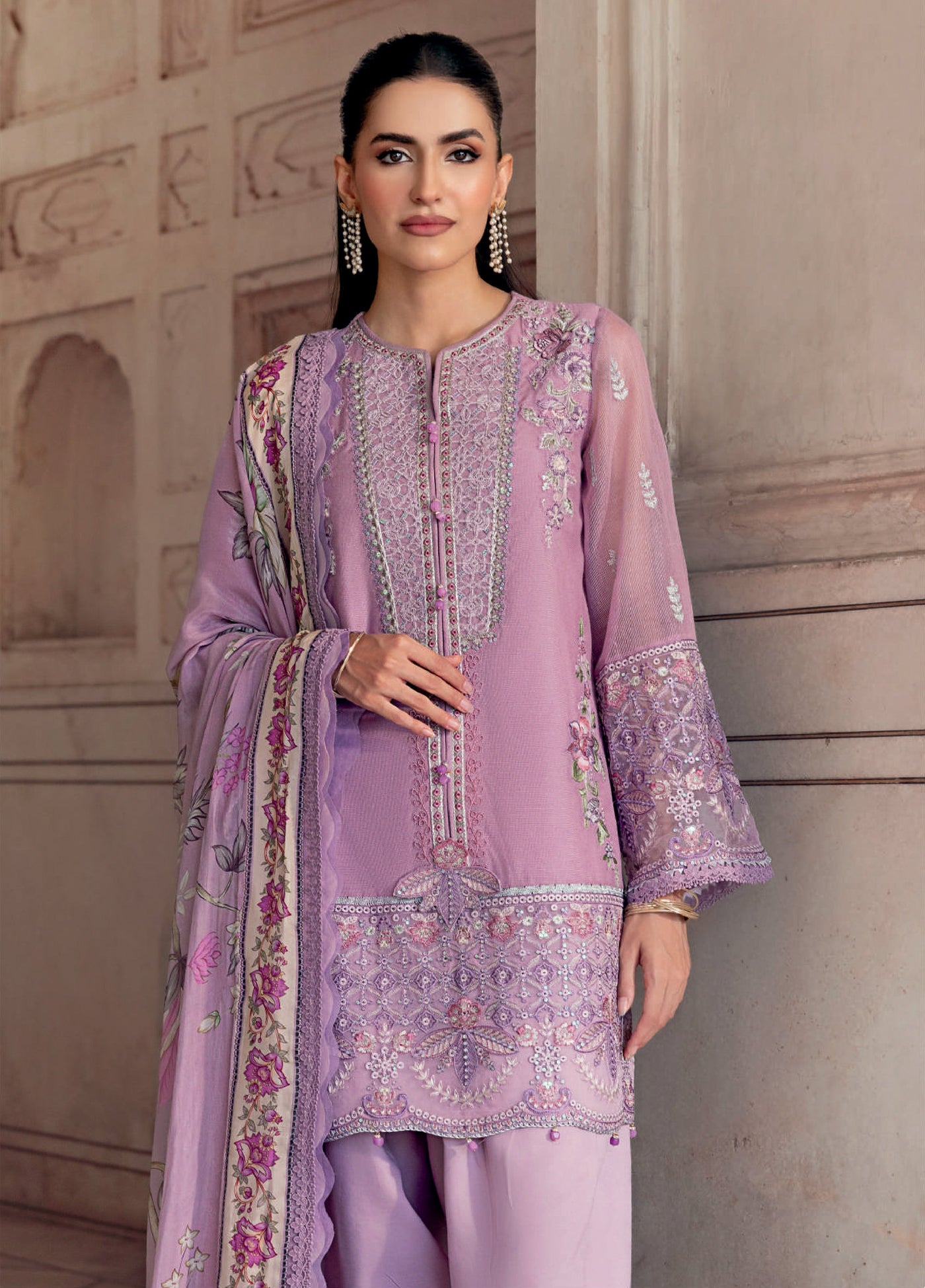 M basics by Maria B Unstitched Organza Embroidered Suits 3 Piece MB25WF D-802 Lilac - Winter Collection