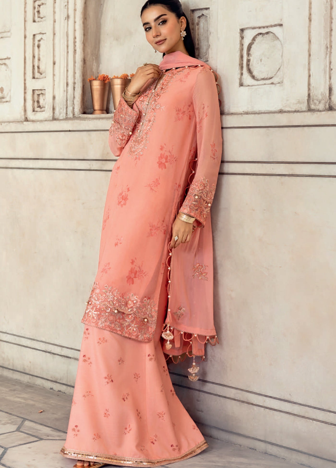 M basics by Maria B Unstitched Organza Embroidered Suits 3 Piece MB25WF D-807 Coral - Winter Collection