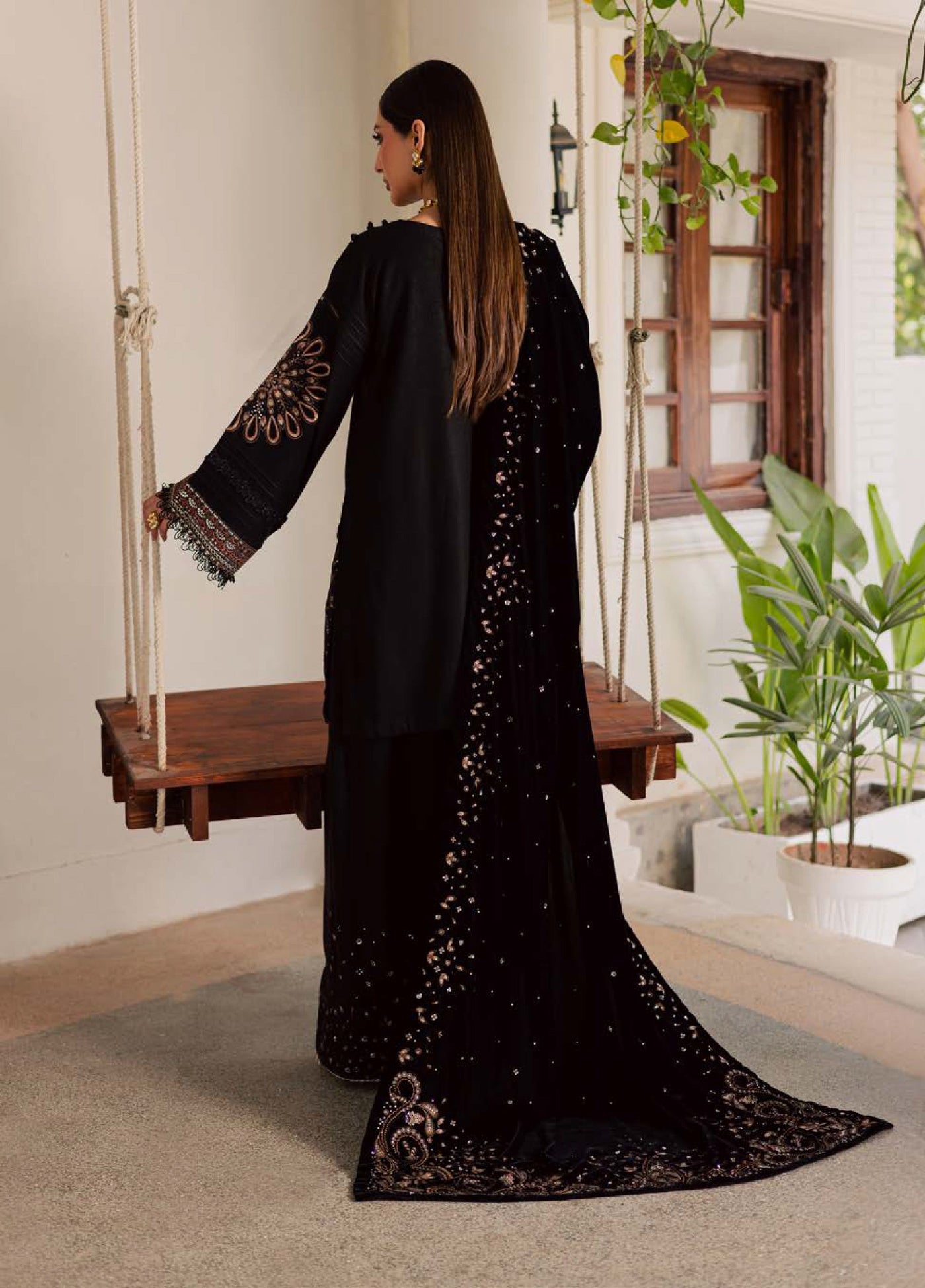 Nureh Exclusive Unstitched Luxury Leather Peach Velvet Shawl Embroidered Suits 3 Piece NU25NS NE-202 - Festive Collection