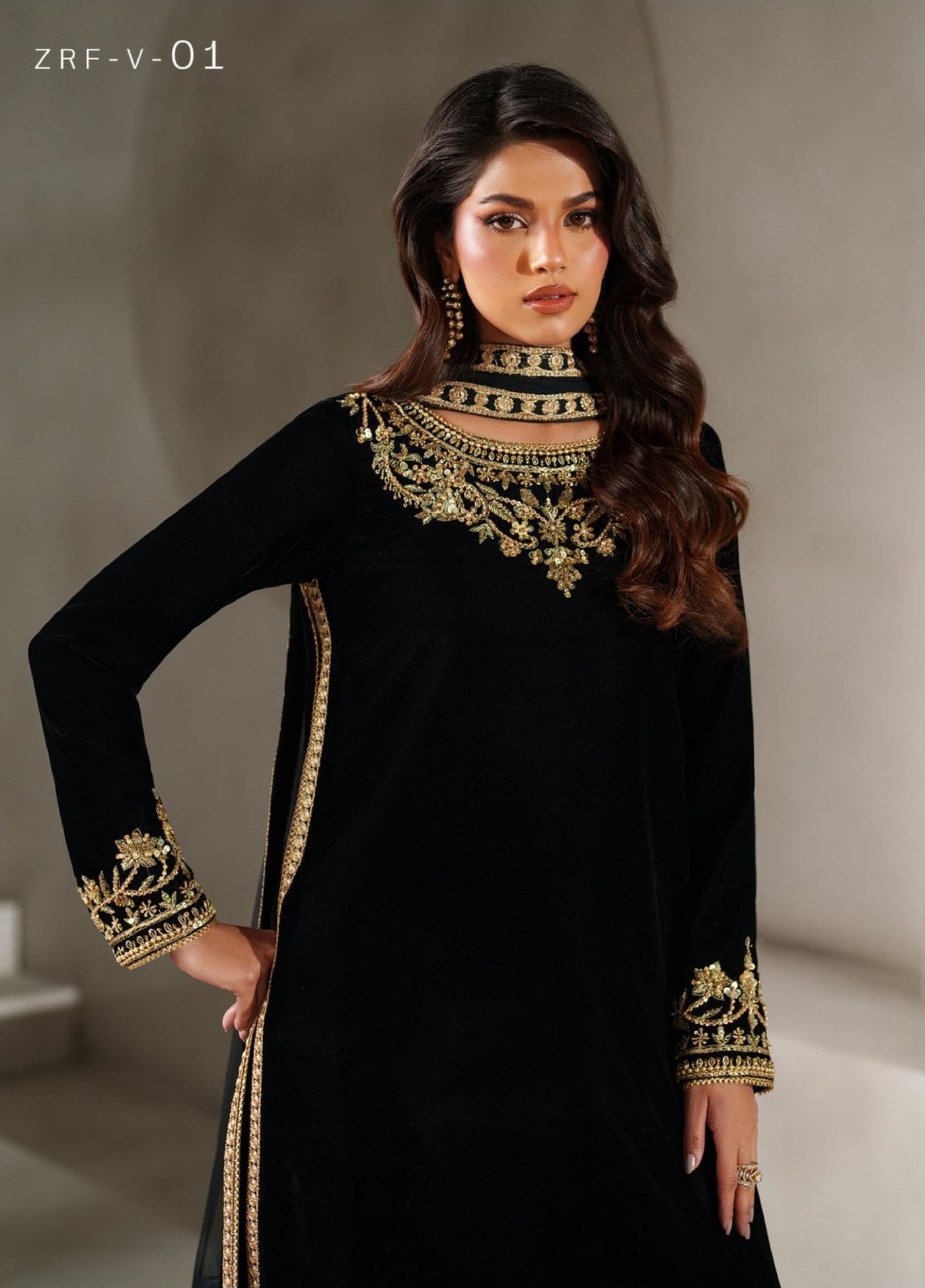 Zarif Exclusive Unstitched Velvet Embroidered Suits 3 Piece ZRF25VE ZRF-V-01 - Festive Collection