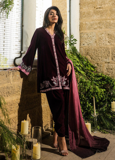 Elayra by Sahar Pret Velvet 3 Piece Embroidered Plum Reverie - Festive Collection
