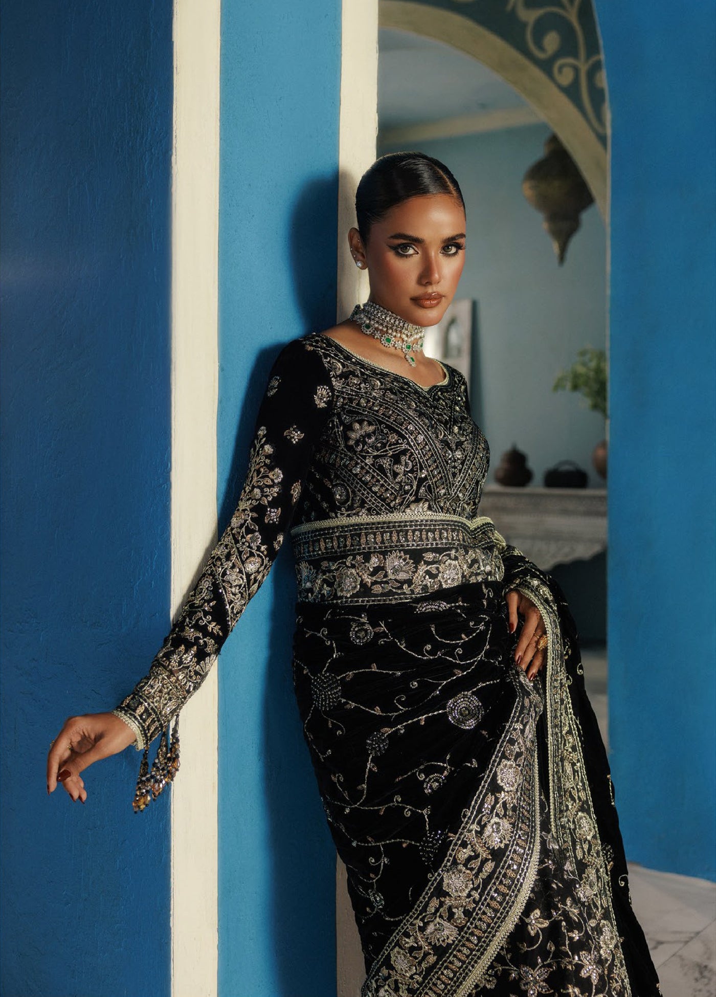 AIK Udaipur Velvet Unstitched Luxury Embroidered Saree AIK25 D-04 - Formals Collection