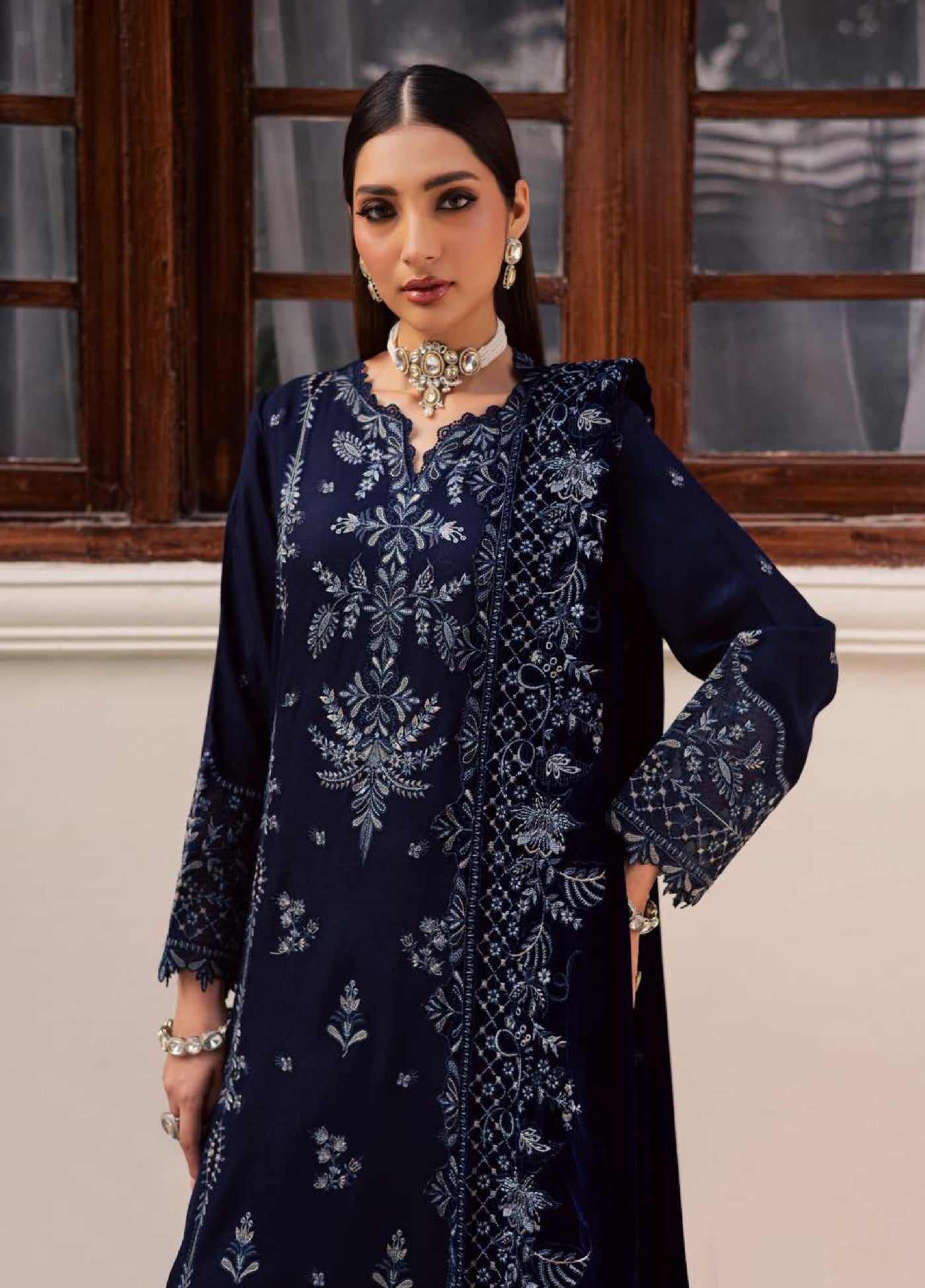 Nureh Exclusive Unstitched Luxury Leather Peach Velvet Shawl Embroidered Suits 3 Piece NU25NS NE-200 - Festive Collection