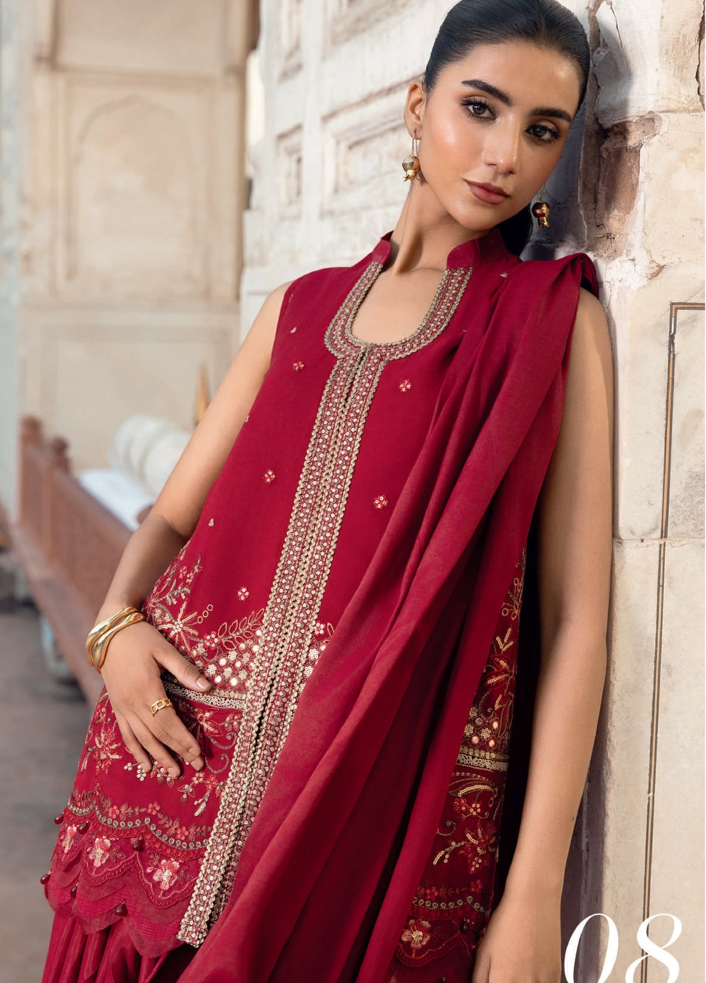 M basics by Maria B Unstitched Chiffon Embroidered Suits 3 Piece MB25WF D-808 Deep Red - Winter Collection