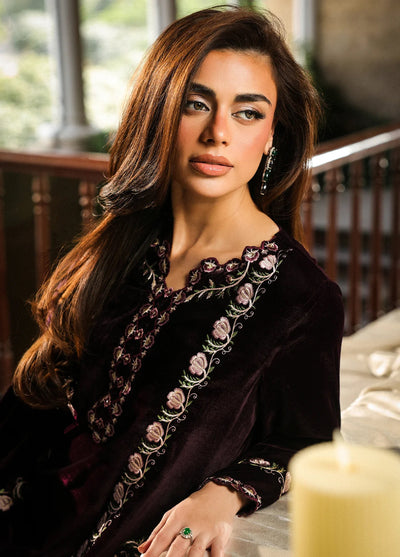 Elayra by Sahar Pret Velvet 3 Piece Embroidered Aubergine Noir - Festive Collection