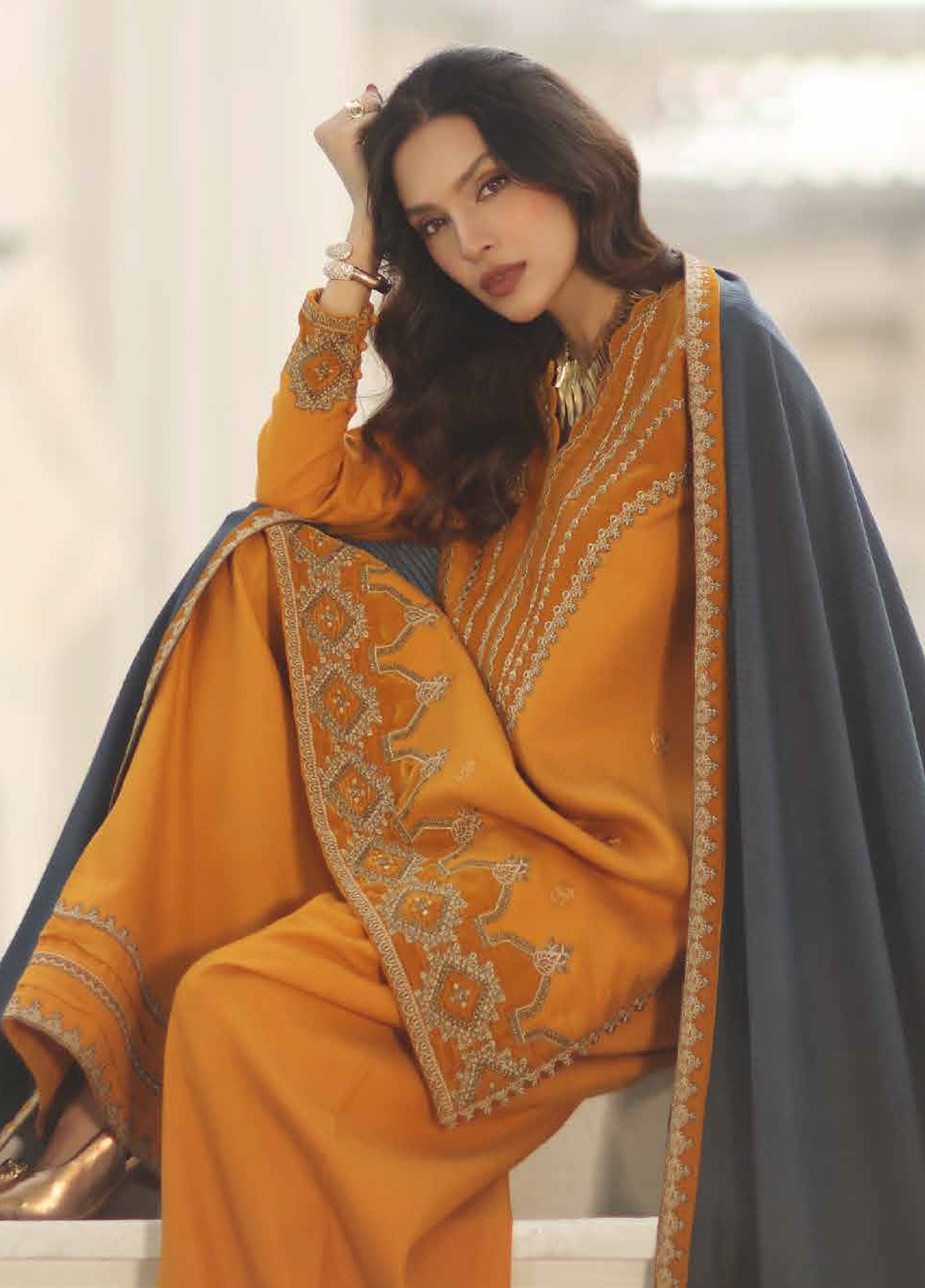 Charizma Signature Unstitched Embroidered Peach Leather 3 Piece CRZ25SP CSW5-08 - Winter Collection