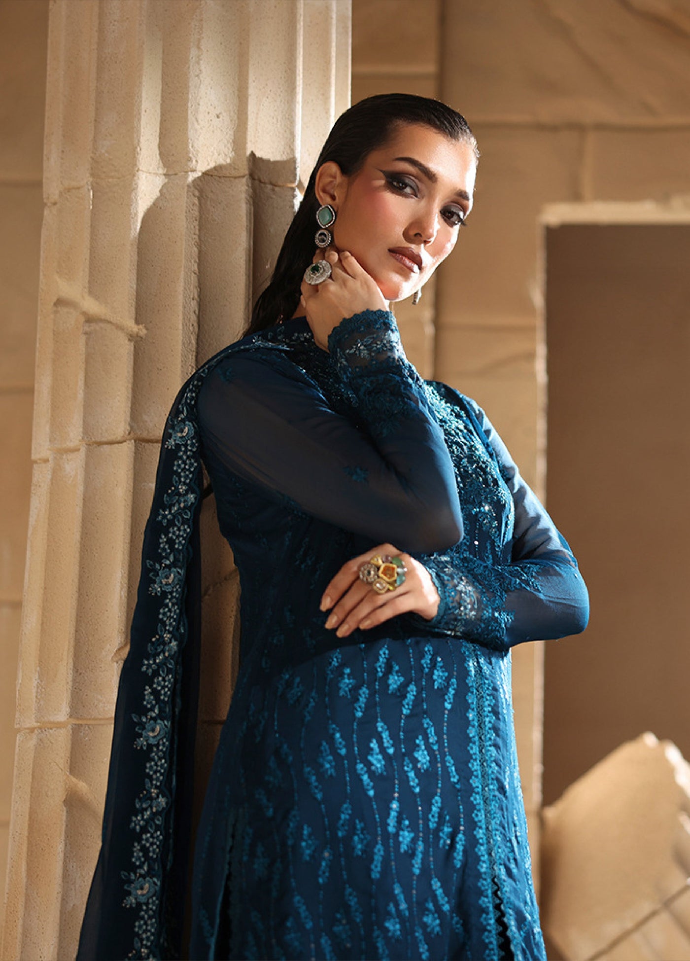 Luxe by Azure Unstitched Chiffon Embroidered Suits 3 Piece AZ25LF Celeste - Festive Collection
