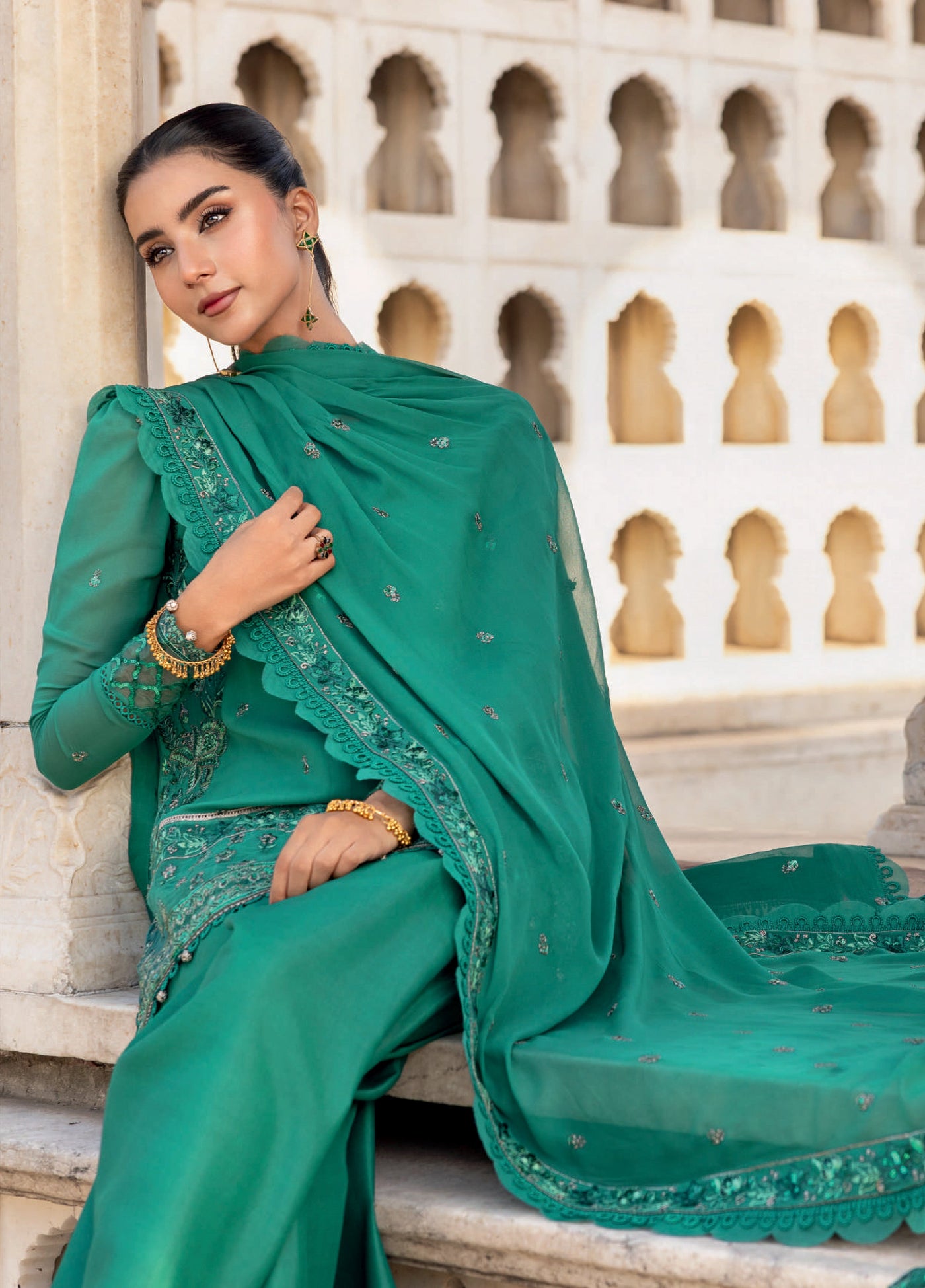 M basics by Maria B Unstitched Organza Embroidered Suits 3 Piece MB25WF D-803 Teal Green - Winter Collection