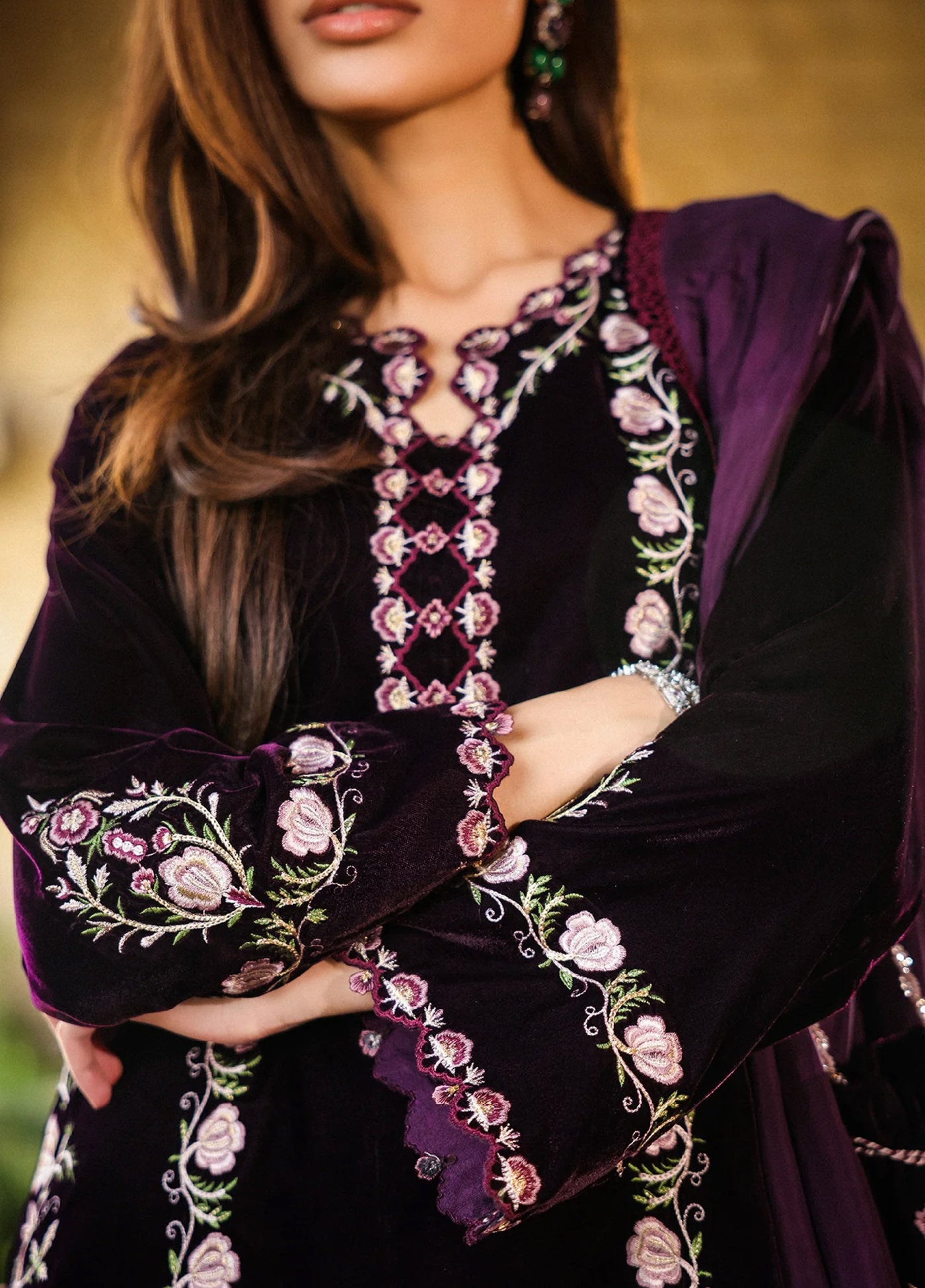 Elayra by Sahar Pret Velvet 3 Piece Embroidered Aubergine Noir - Festive Collection