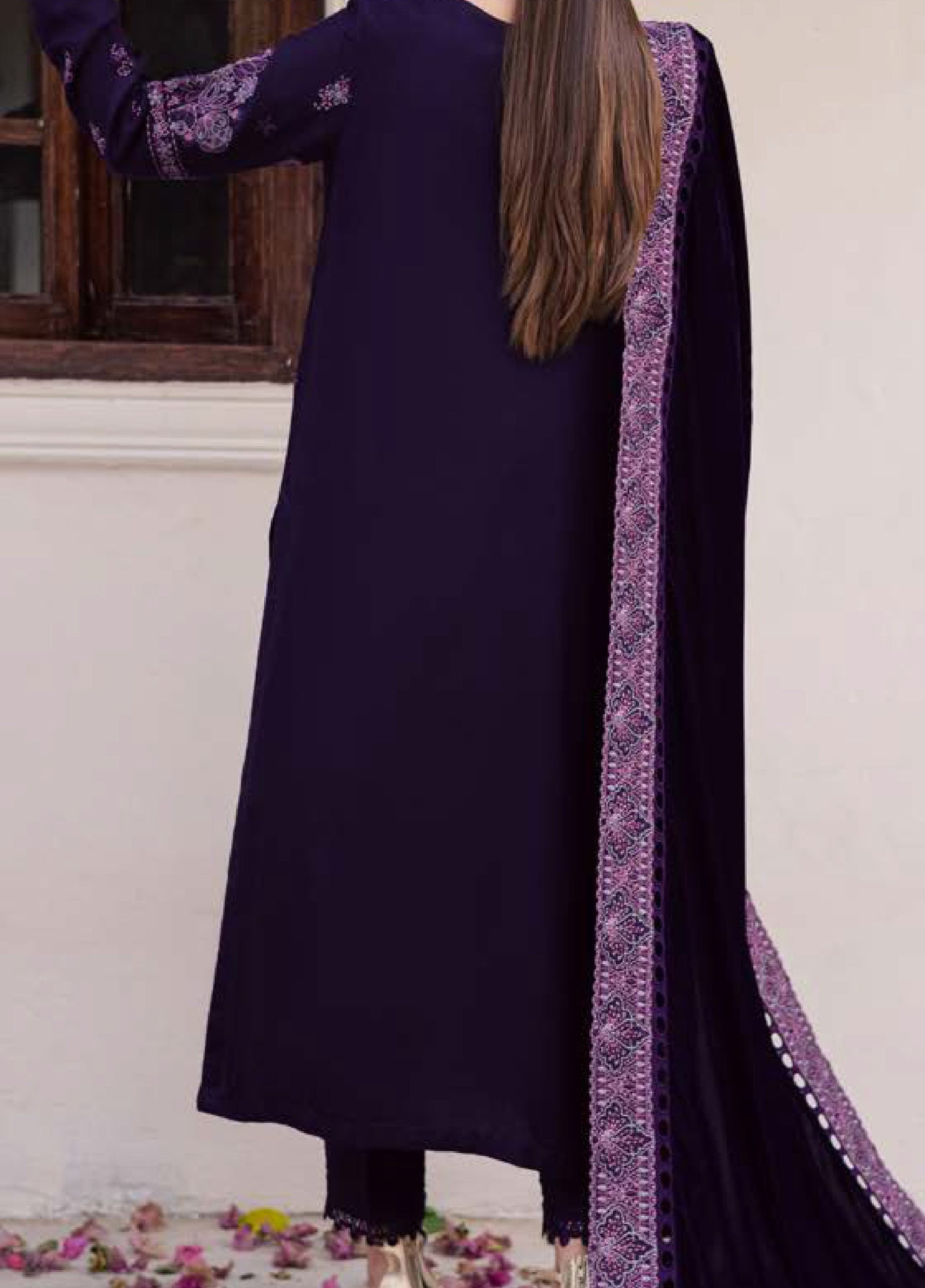 Nureh Exclusive Unstitched Luxury Leather Peach Velvet Shawl Embroidered Suits 3 Piece NU25NS NE-198 - Festive Collection