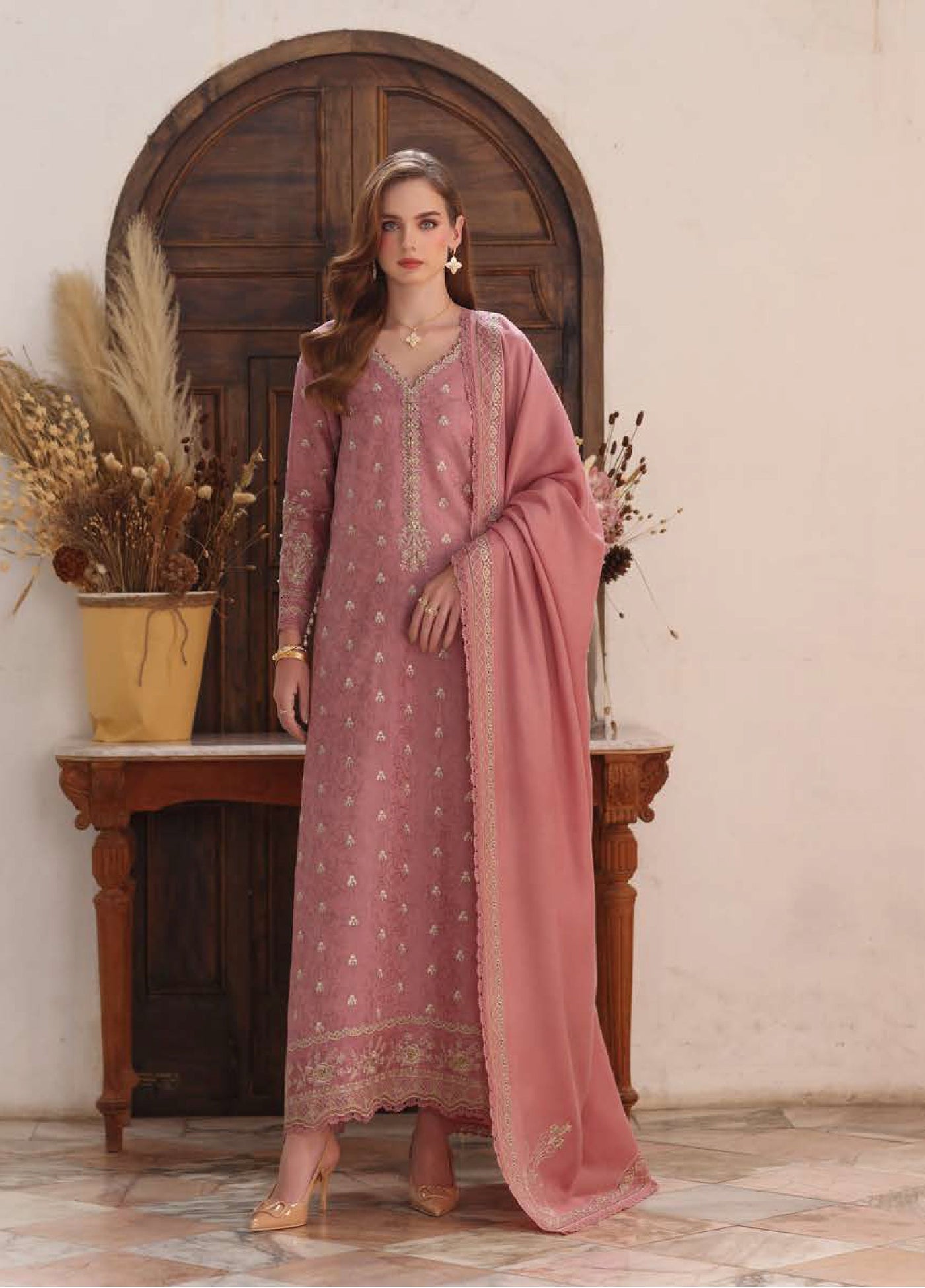 Noor by Saadia Asad Unstitched Jacquard Pashmina Shawl Embroidered Suits 3 Piece NSA25PW D3-Aveline - Casual Collection