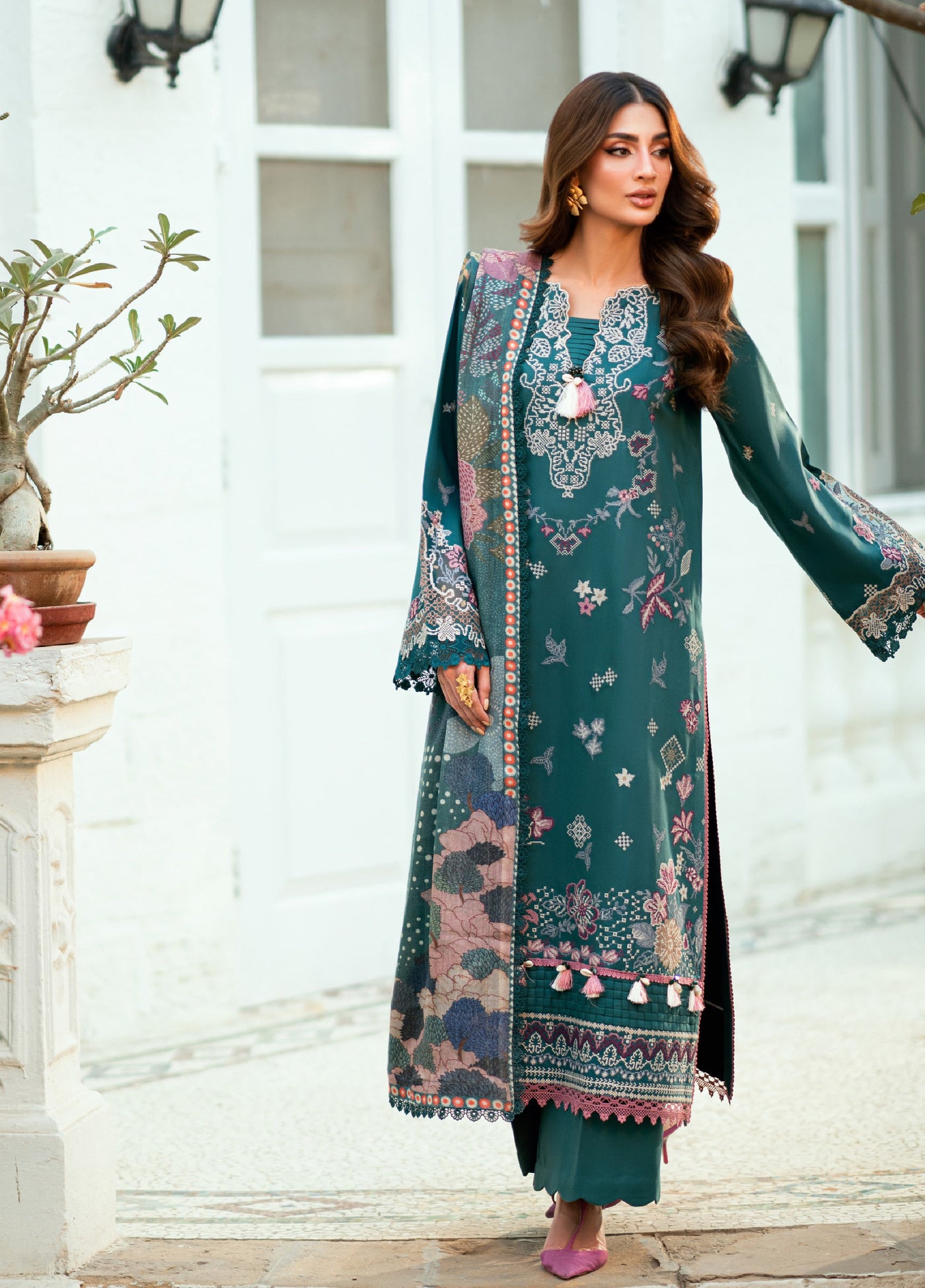 Florent Serenity Embroidered Woolen Shawls Unstitched Marina Twill Suits 3 Piece FL25WS FL-4A - Winter Collection