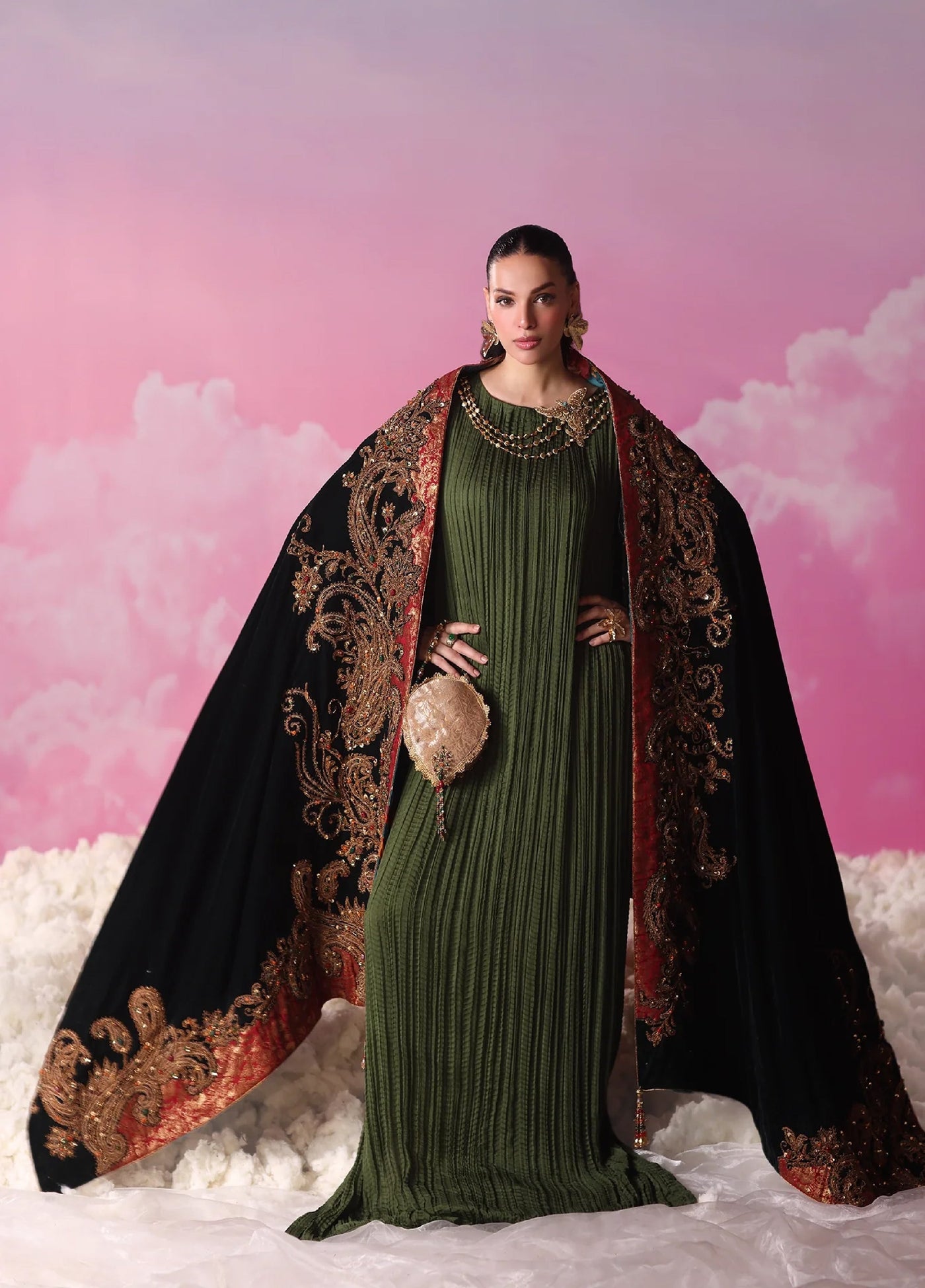 Mount Olypus by Musferah Saad Pret Embroidered Chiffon Kaftaan Emerald Eclat - Pret Collection