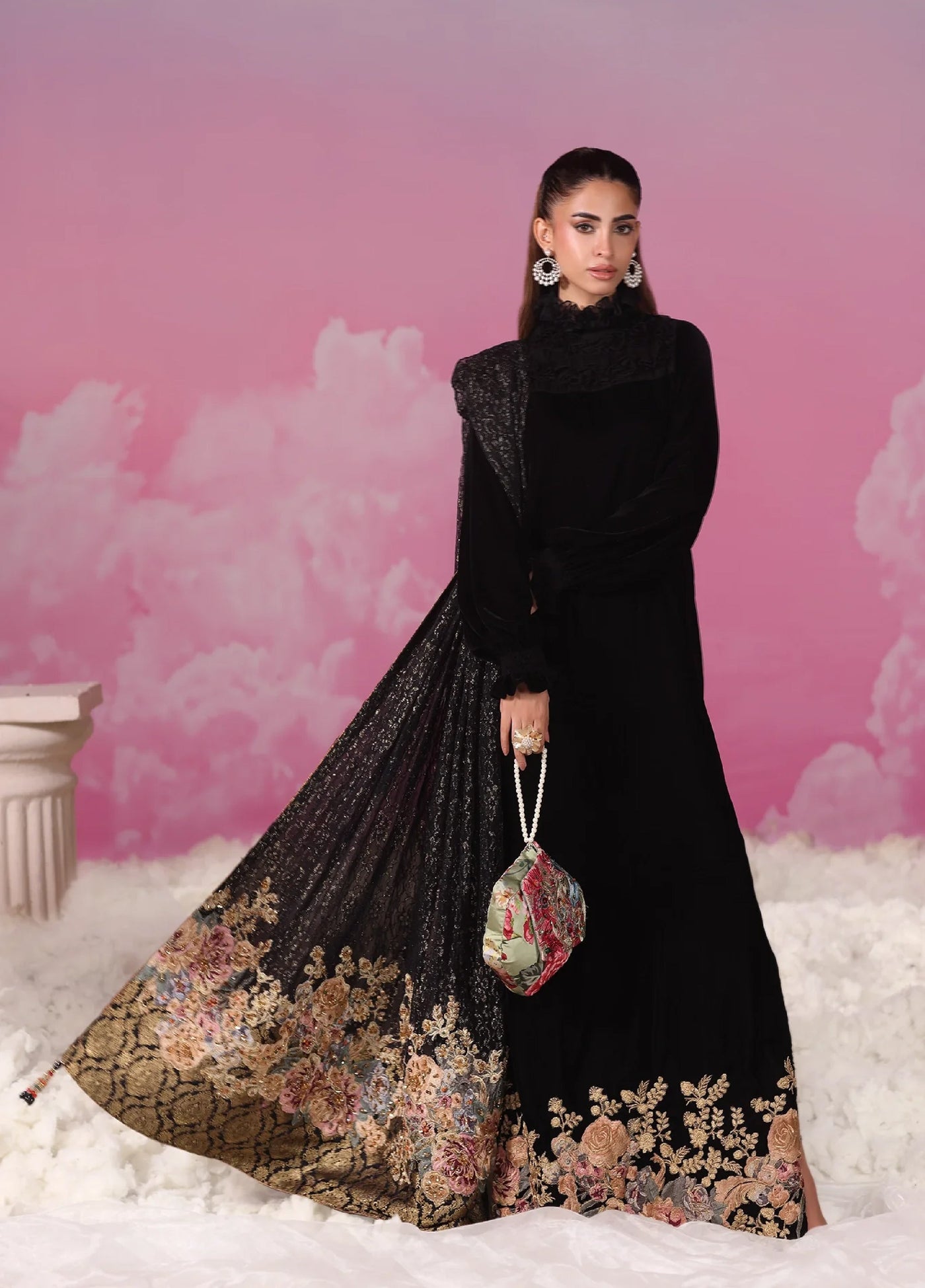 Mount Olypus by Musferah Saad Pret Embroidered Velvet Kaftaan Noir Blossom - Pret Collection