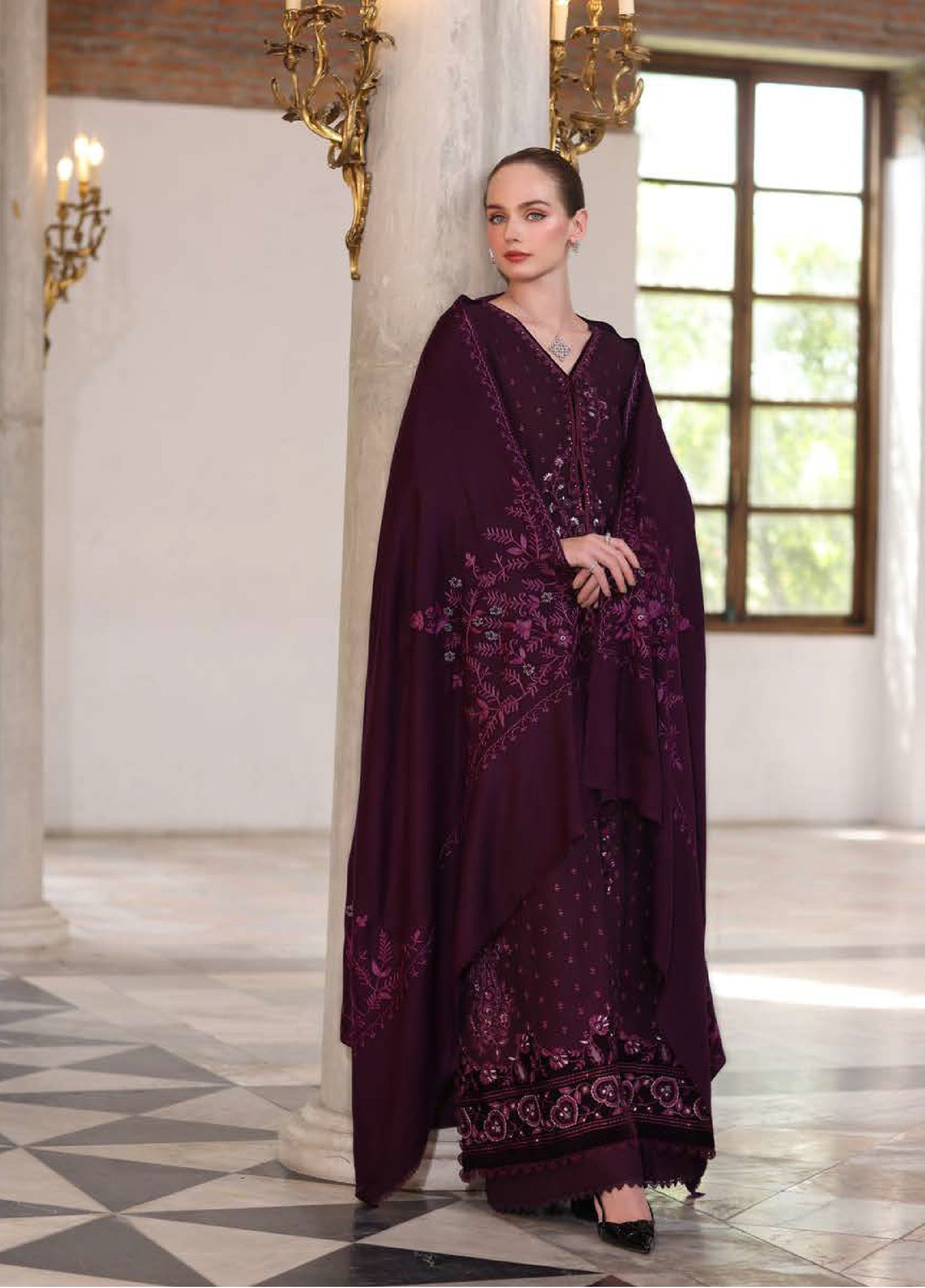 Noor by Saadia Asad Unstitched Khaddar Pashmina Shawl Embroidered Suits 3 Piece NSA25PW D9-Damson - Casual Collection