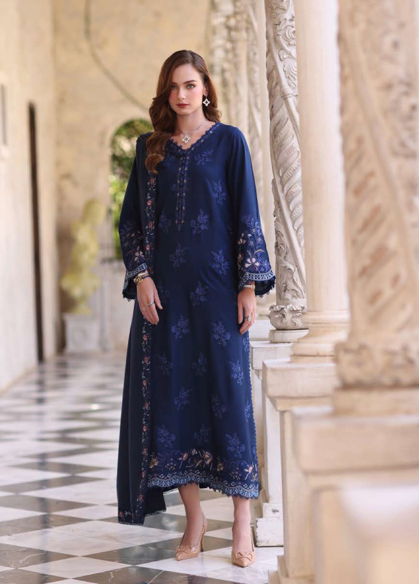 Noor by Saadia Asad Unstitched Linen Pashmina Shawl Embroidered Suits 3 Piece NSA25PW D4-Sapphire - Casual Collection