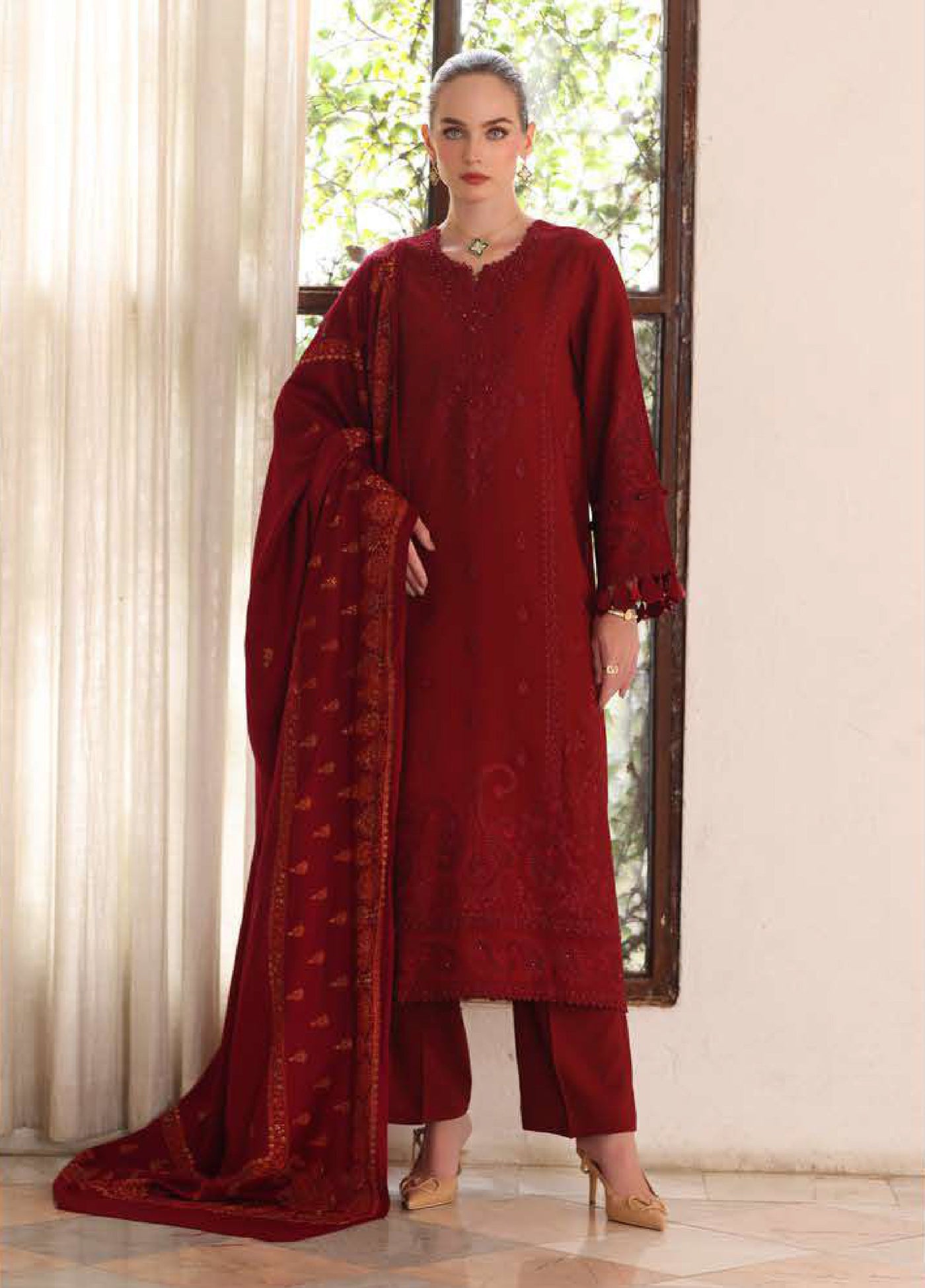 Noor by Saadia Asad Unstitched Linen Pashmina Shawl Embroidered Suits 3 Piece NSA25PW D5-Ember - Casual Collection