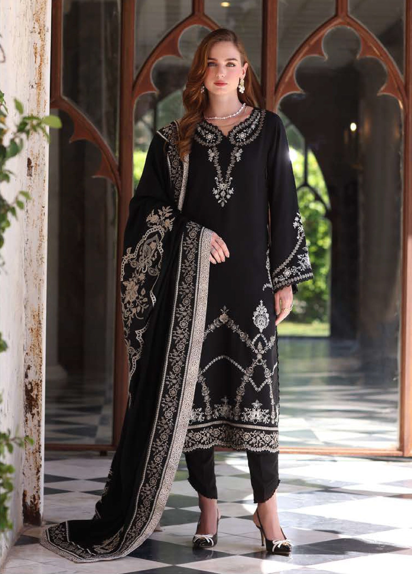 Noor by Saadia Asad Unstitched Linen Pashmina Shawl Embroidered Suits 3 Piece NSA25PW D7-Obsidian - Casual Collection