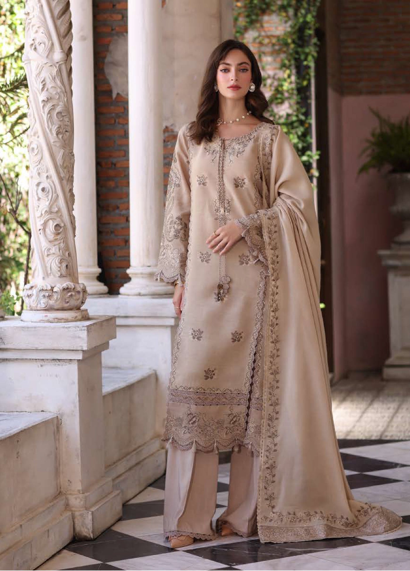 Noor by Saadia Asad Unstitched Linen Pashmina Shawl Embroidered Suits 3 Piece NSA25PW D12-Caramel Mist - Casual Collection