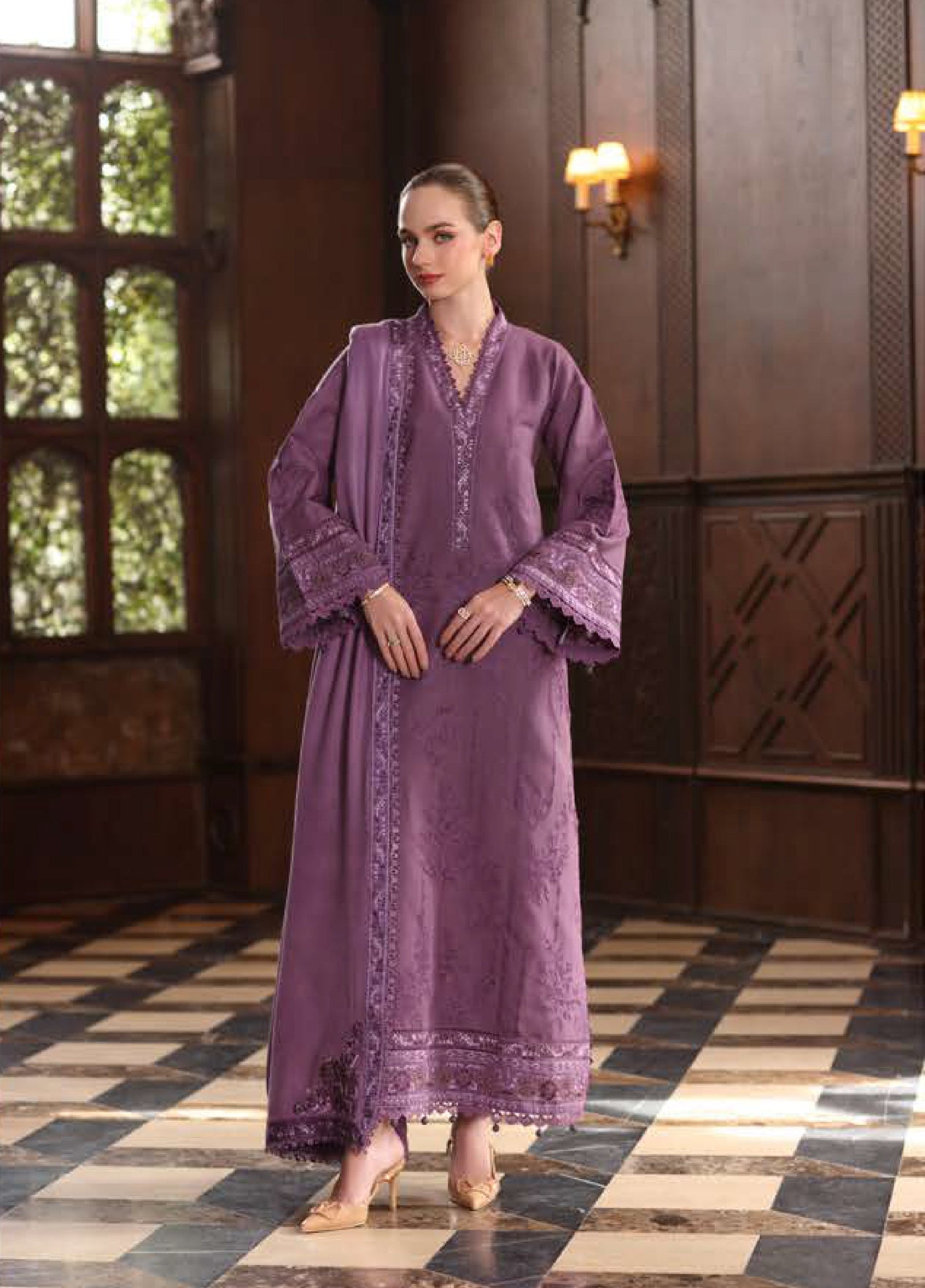 Noor by Saadia Asad Unstitched Khaddar Pashmina Shawl Embroidered Suits 3 Piece NSA25PW D6-Serenity - Casual Collection