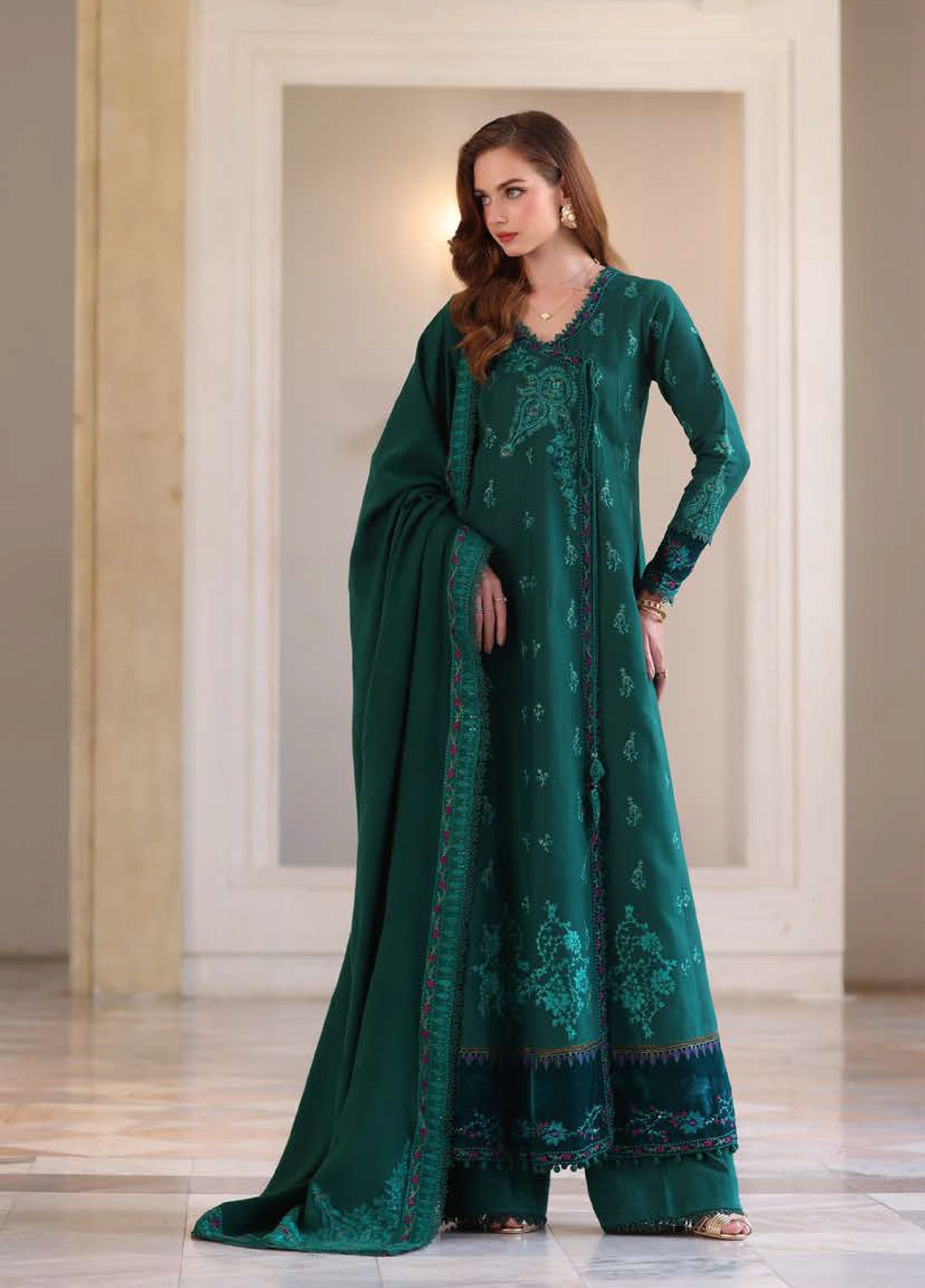 Noor by Saadia Asad Unstitched Khaddar Pashmina Shawl Embroidered Suits 3 Piece NSA25PW D2-Emerald Reverie - Casual Collection