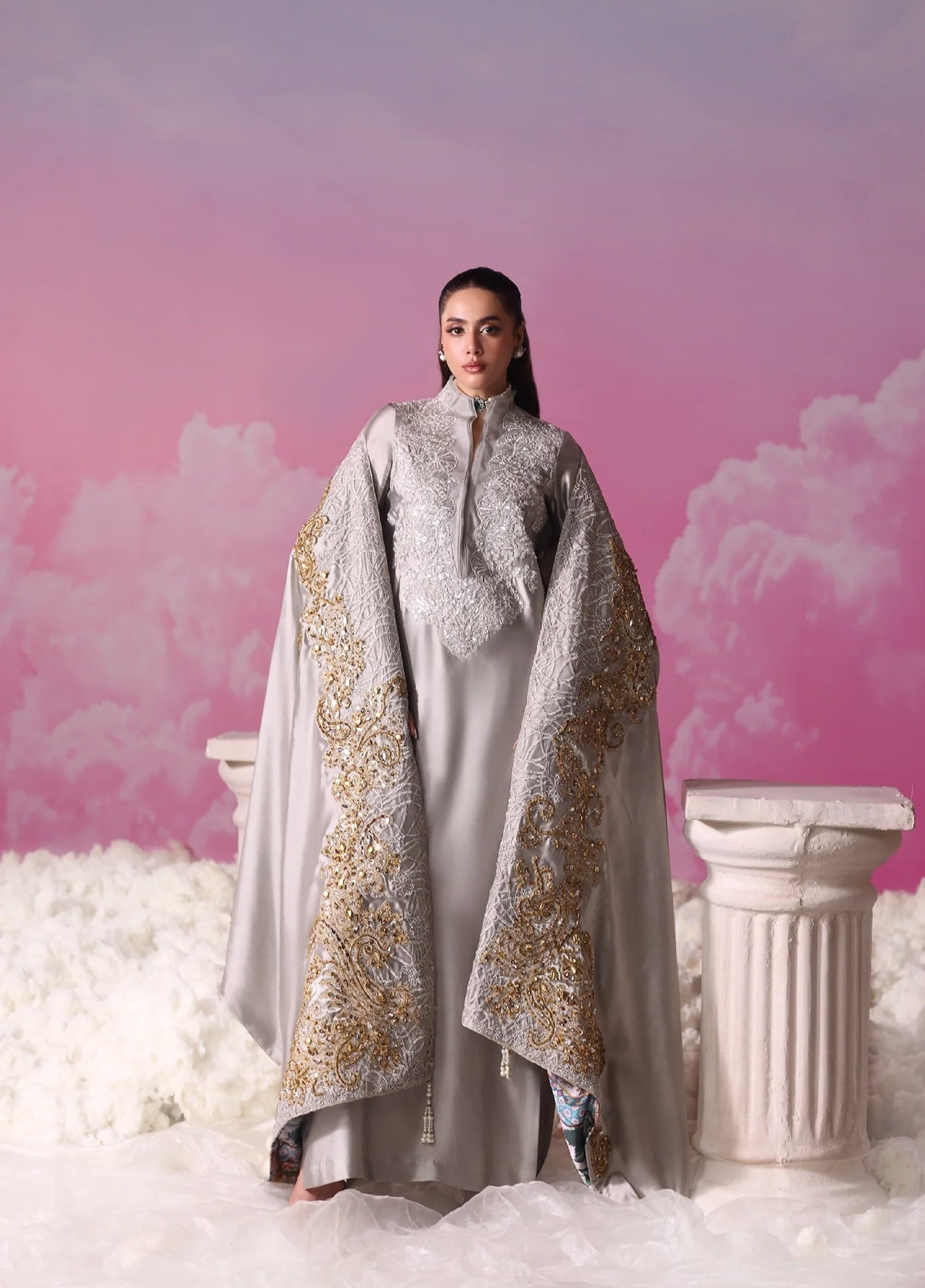 Mount Olypus by Musferah Saad Pret Embroidered Tissue Silk 2 Piece Lunar Mist - Pret Collection