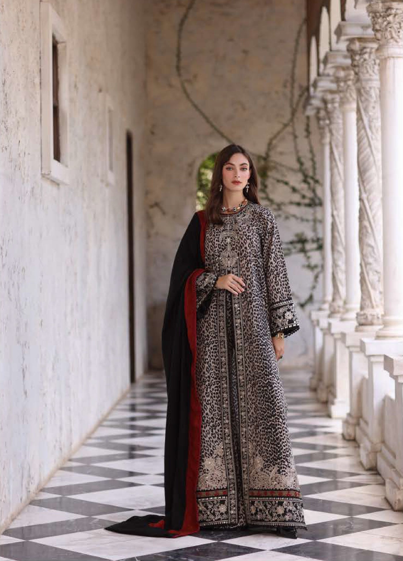 Noor by Saadia Asad Unstitched Khaddar Pashmina Shawl Embroidered Suits 3 Piece NSA25PW D1-Noir Safari - Casual Collection