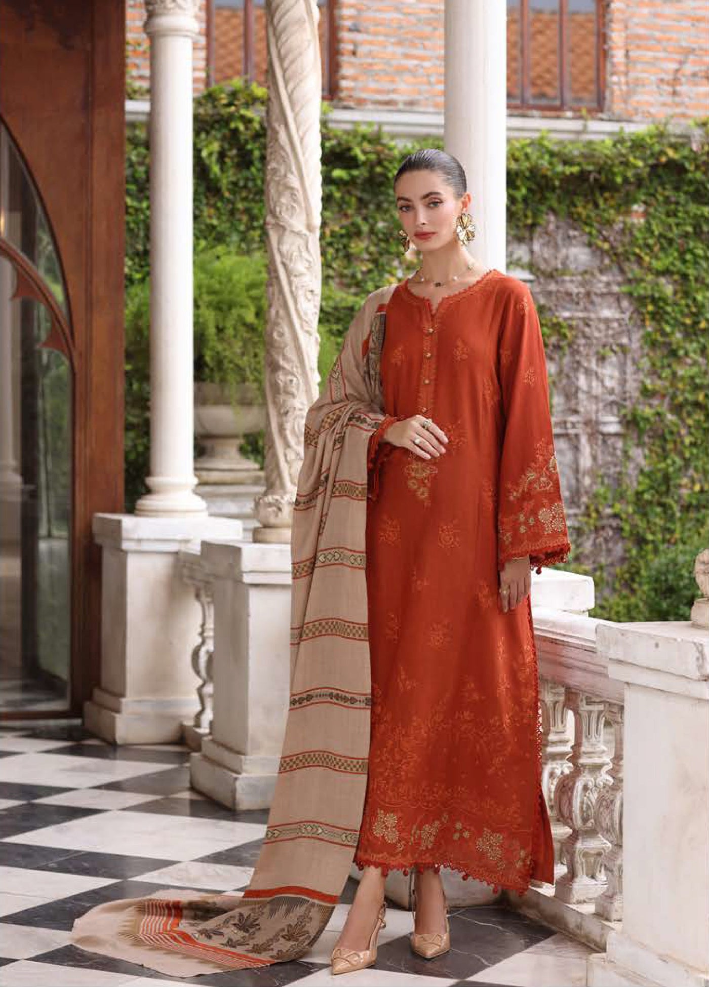 Noor by Saadia Asad Unstitched Khaddar Pashmina Shawl Embroidered Suits 3 Piece NSA25PW D10-Rustique - Casual Collection