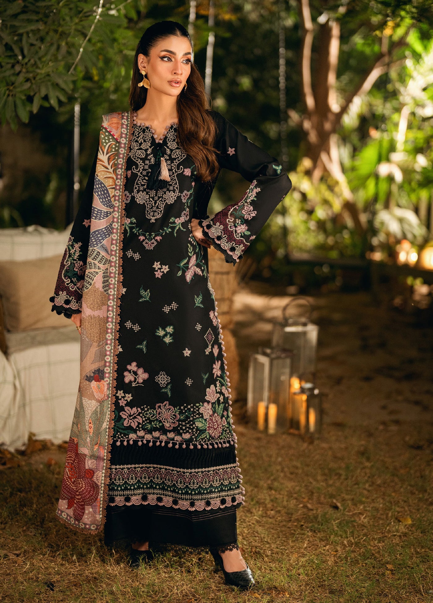 Florent Serenity Embroidered Woolen Shawls Unstitched Marina Twill Suits 3 Piece FL25WS FL-4B - Winter Collection