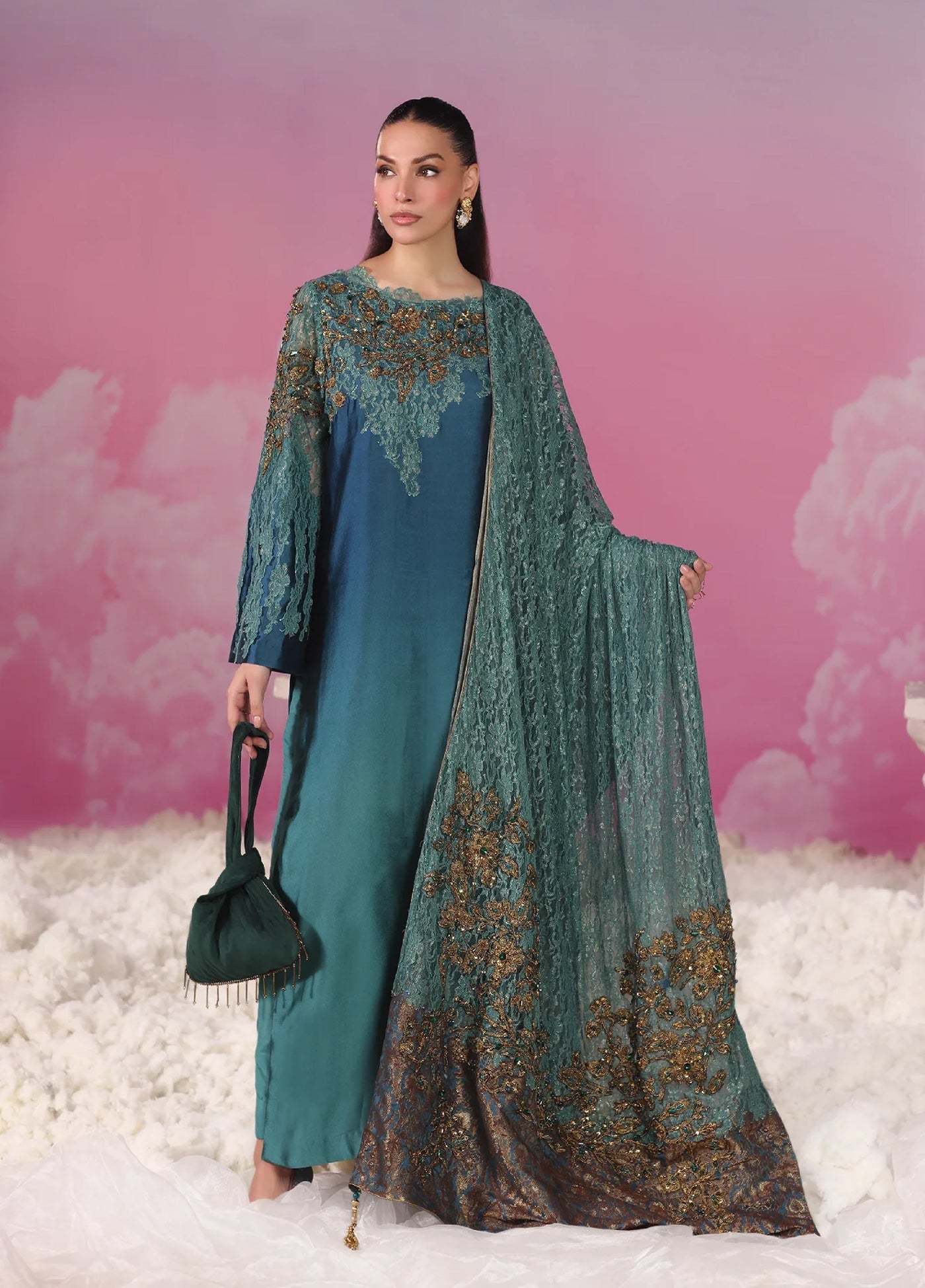 Mount Olypus by Musferah Saad Pret Embroidered Tissue Silk 2 Piece Emerald Oracle - Pret Collection