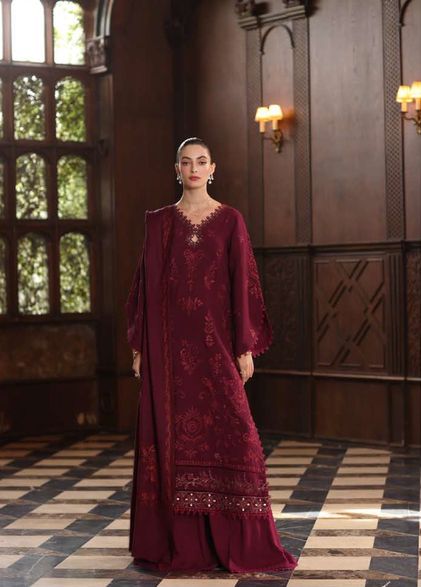 Noor by Saadia Asad Unstitched Linen Pashmina Shawl Embroidered Suits 3 Piece NSA25PW D13-Royal Claret - Casual Collection